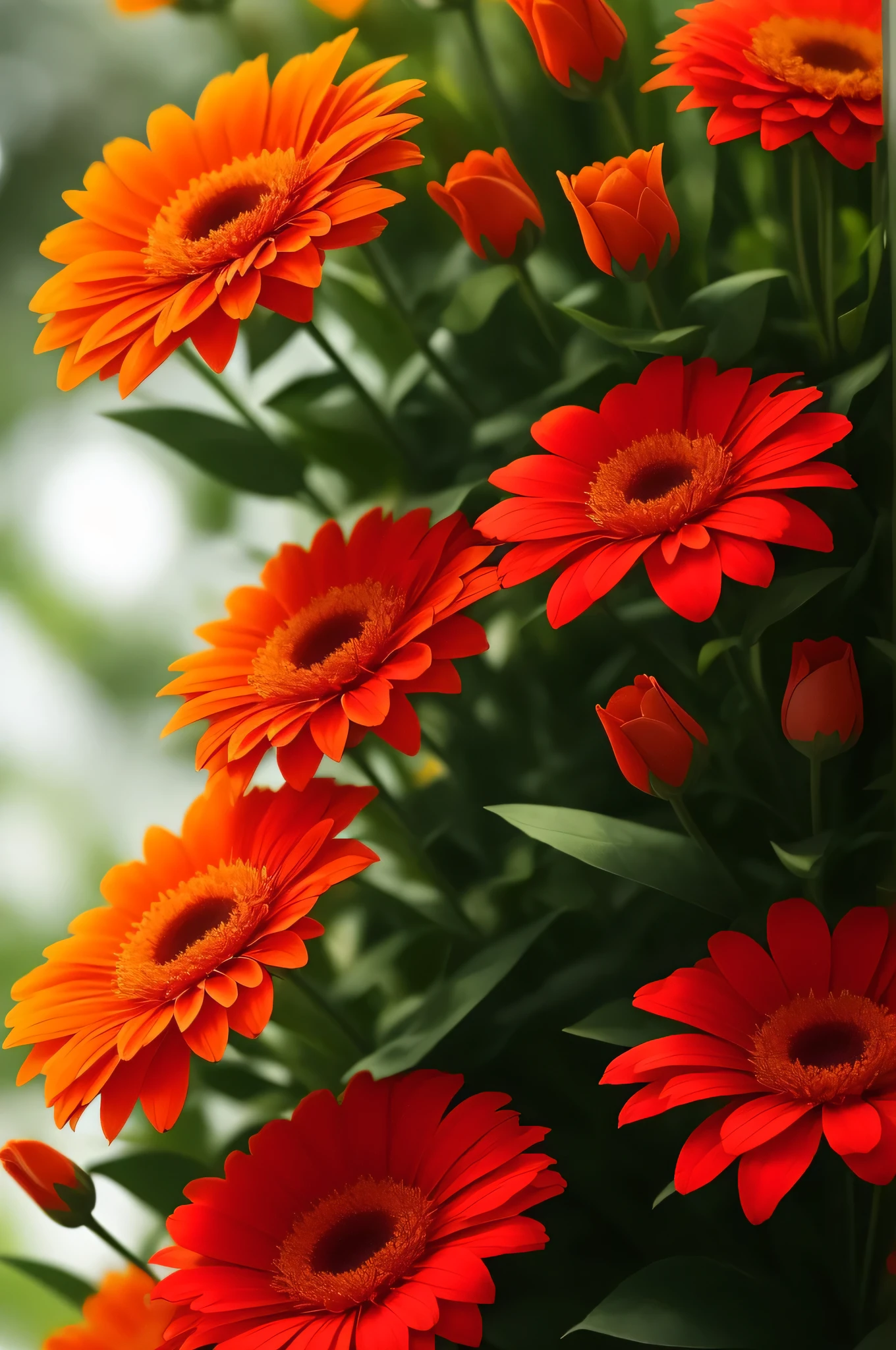 there are many red and orange flowers in a vase, red flowers, beautiful flowers, orange flowers, magical colorful flowers, colorful flowers, colored flowers, colourful flowers, rich flower colors, red blooming flowers, pretty flowers, red and orange colored, brightly colored flowers, celestial red flowers vibe, warm and vibrant colors, beautiful flower, beautiful iphone wallpaper, vibrant and rich colors