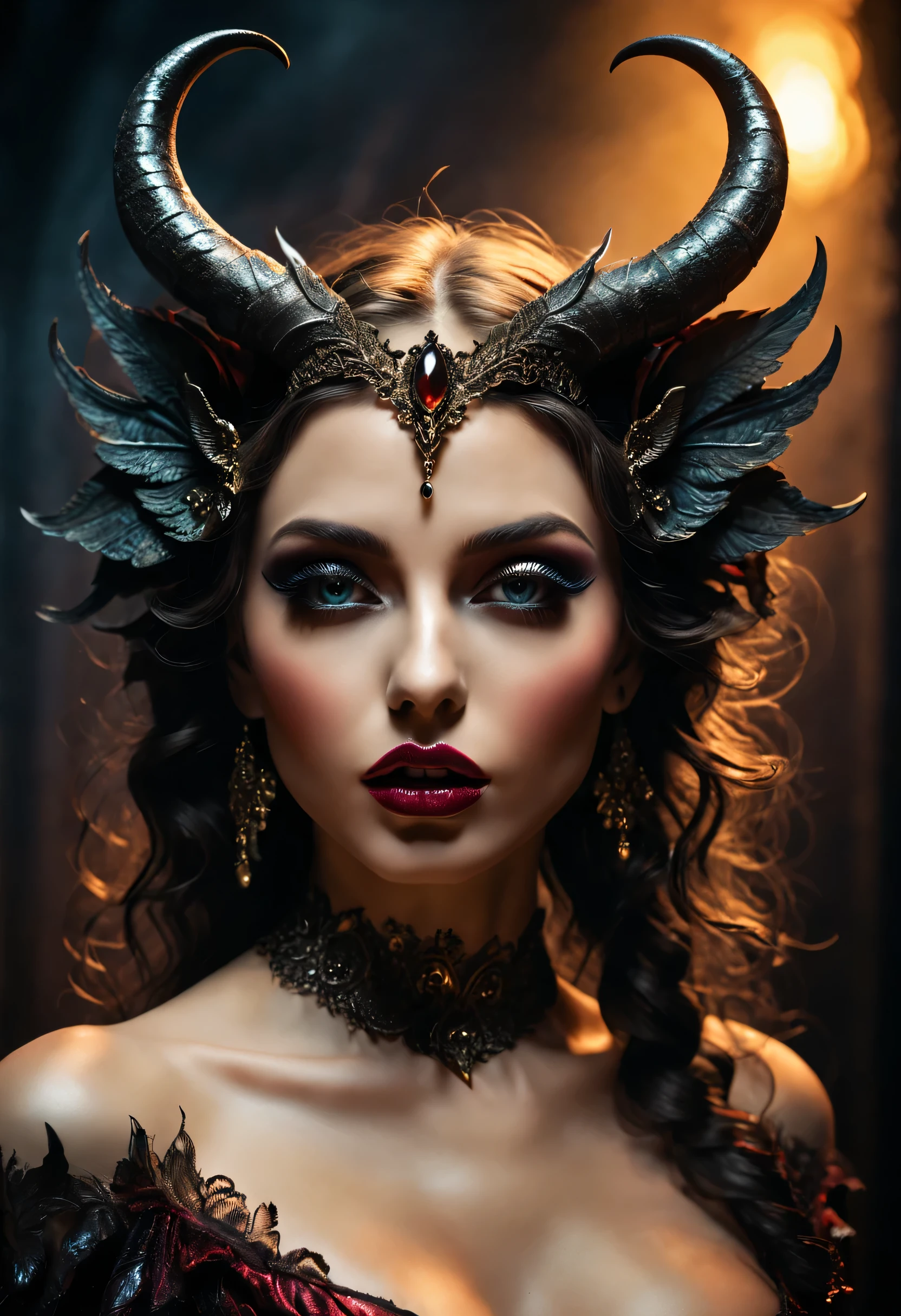 (ultra-detailed,HD,highres:1.2),beautiful detailed eyes,beautiful detailed lips,extremely detailed eyes and face,long eyelashes,erotic,dark atmosphere,exquisite curves,sensual pose,demonic horns,sculptural shapes,ethereal beauty,subtle seduction,vibrant colors,majestic wings,lush background,romantic lighting,seductive gaze,delicate skin texture,alluring charm,tempting shadows,artistic fantasy,provocative,sublime elegance,mesmerizing beauty,temptation of desire,intense passion,forbidden allure,fantasy art,emotional intensity,powerful presence,striking composition