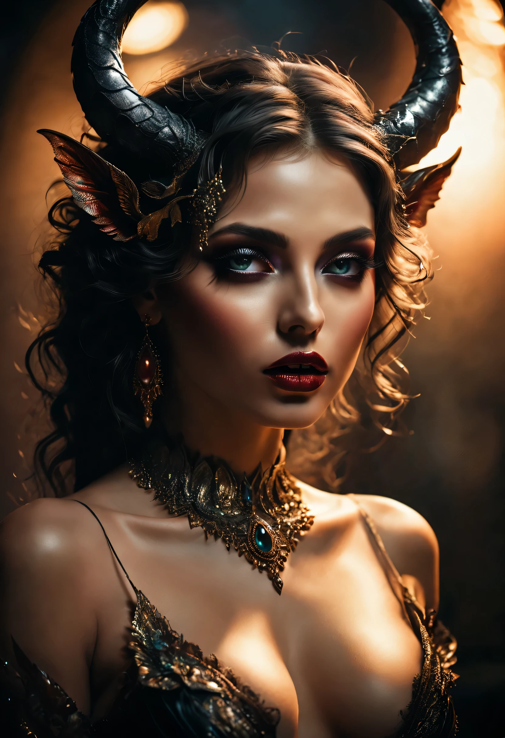 (ultra-detailed,HD,highres:1.2),beautiful detailed eyes,beautiful detailed lips,extremely detailed eyes and face,long eyelashes,erotic,dark atmosphere,exquisite curves,sensual pose,demonic horns,sculptural shapes,ethereal beauty,subtle seduction,vibrant colors,majestic wings,lush background,romantic lighting,seductive gaze,delicate skin texture,alluring charm,tempting shadows,artistic fantasy,provocative,sublime elegance,mesmerizing beauty,temptation of desire,intense passion,forbidden allure,fantasy art,emotional intensity,powerful presence,striking composition