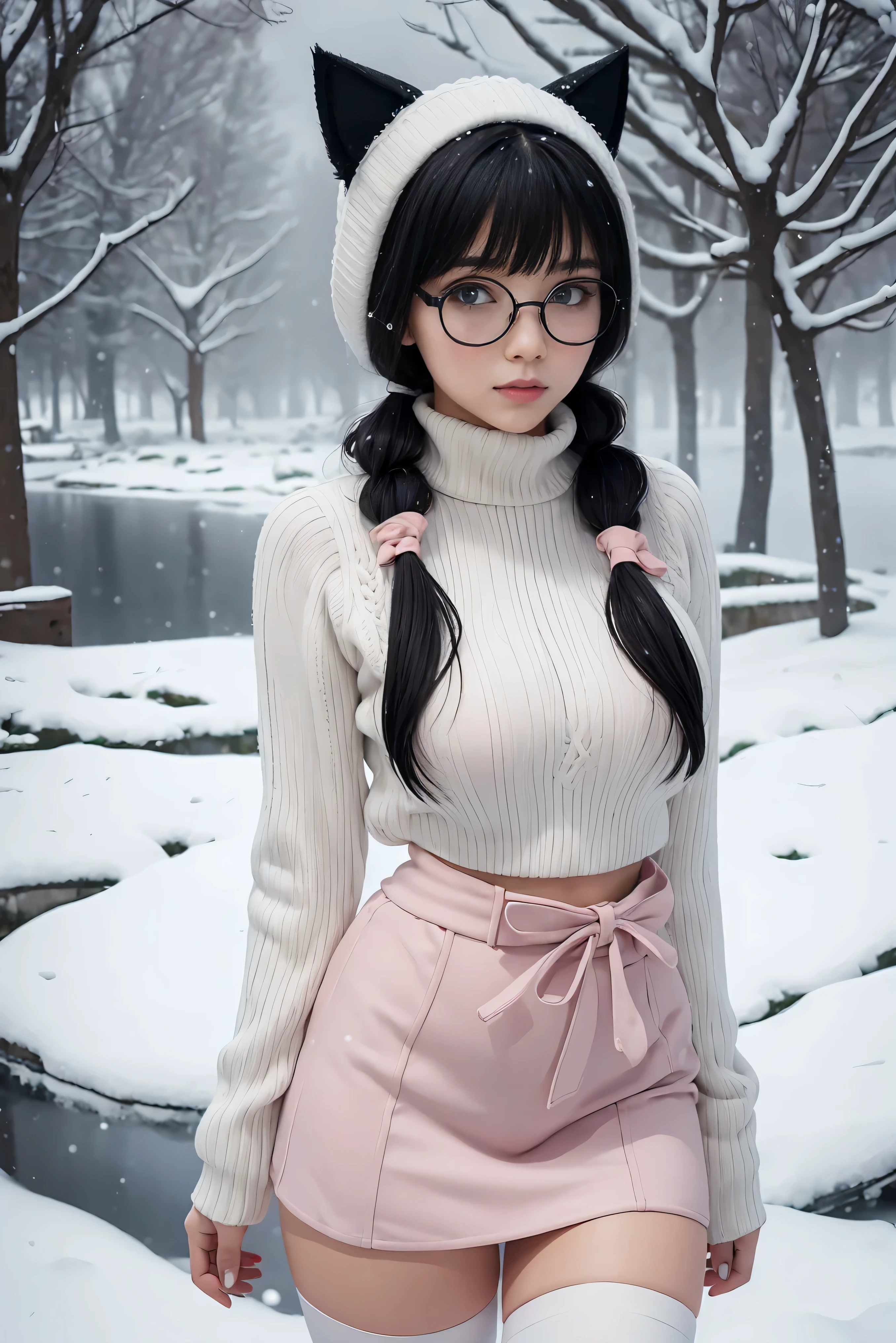 (Best Quality,High resolution:1.2), Ultra-detailed, Realistic portrait, hot Russian girl, pretty face, perfect long legs, full body, tiny waist. large breasts, standing, tight white cropped jumper, black high waist leggings, pink and white snow boots, in the snow, large blue eyes, long black hair tied up with a ribbon, pigtails, tight high waist mini skirt, woolen socks, hair bangs, snowing, foggy, (large round black rimmed glasses), cat ears