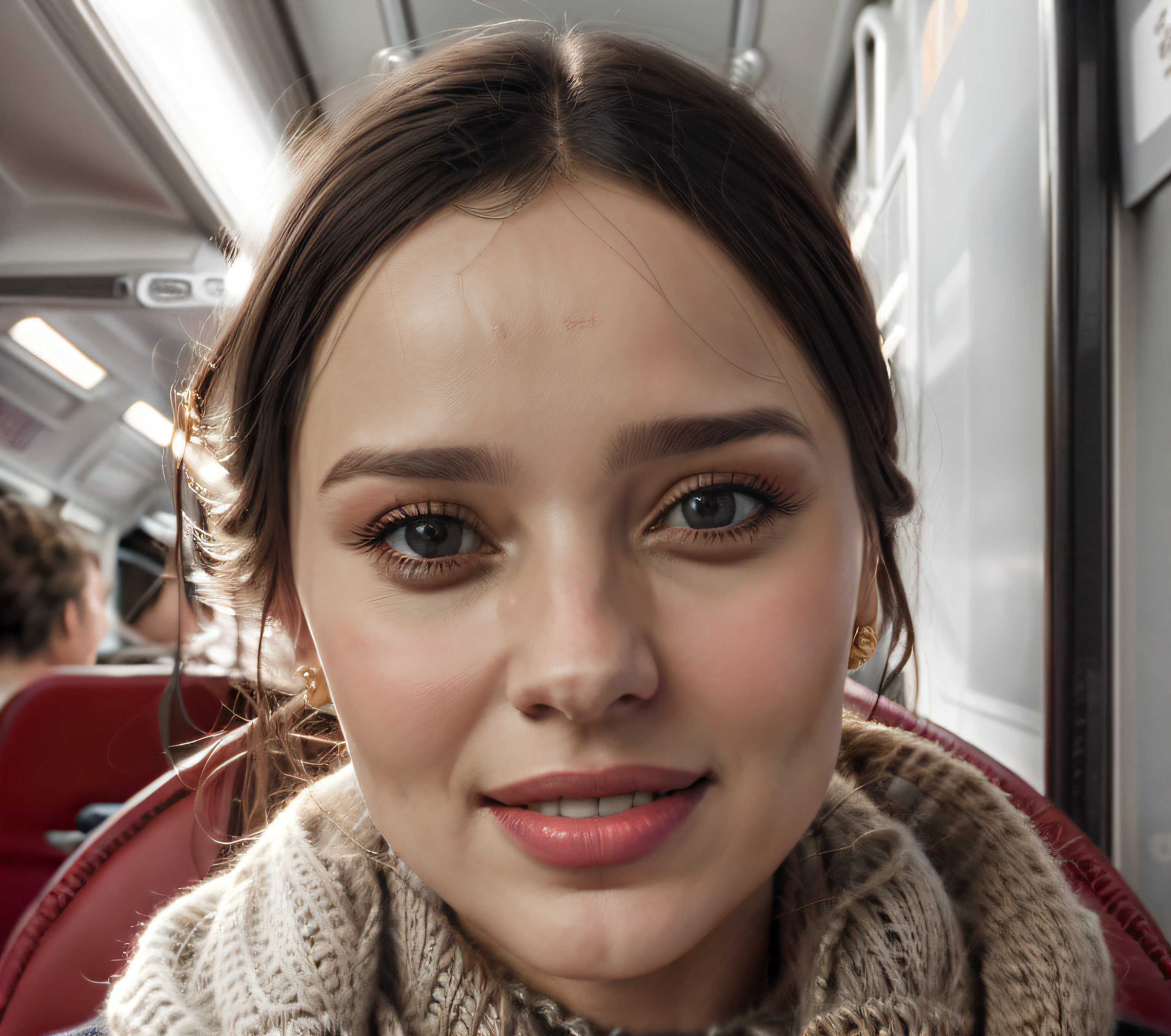 Femme souriante dans un bus avec un foulard, Portrait NFT, Realistic portrait, Maia Sandu hyperrealist, Portrait photo réaliste, portrait de haute qualité, digital portrait, portrait photo réaliste, Valentina Grossesse, Hyper-detailed portrait, portrait d&#39;digital art, detailed portrait shot, realistically rendered face, Aykut Aydogdu, Extremely realistic face, Realistic face