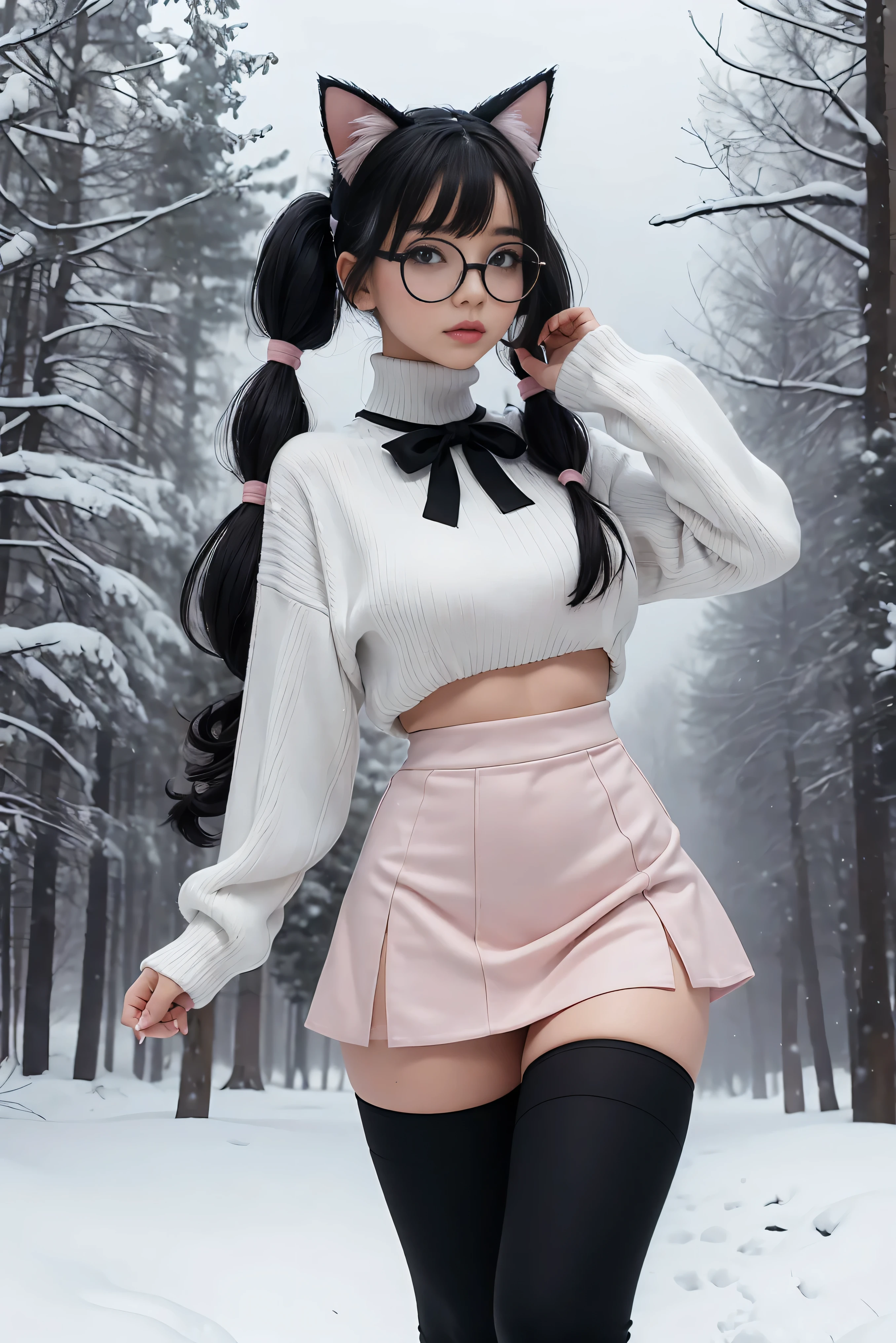 (Best Quality,High resolution:1.2), Ultra-detailed, Realistic portrait, hot Russian girl, pretty face, perfect long legs, full body, tiny waist. large breasts, standing, tight white cropped jumper, black high waist leggings, pink and white snow boots, in the snow, large blue eyes, long black hair tied up with a ribbon, pigtails, tight high waist mini skirt, woolen socks, hair bangs, snowing, foggy, (large round black rimmed glasses), cat ears