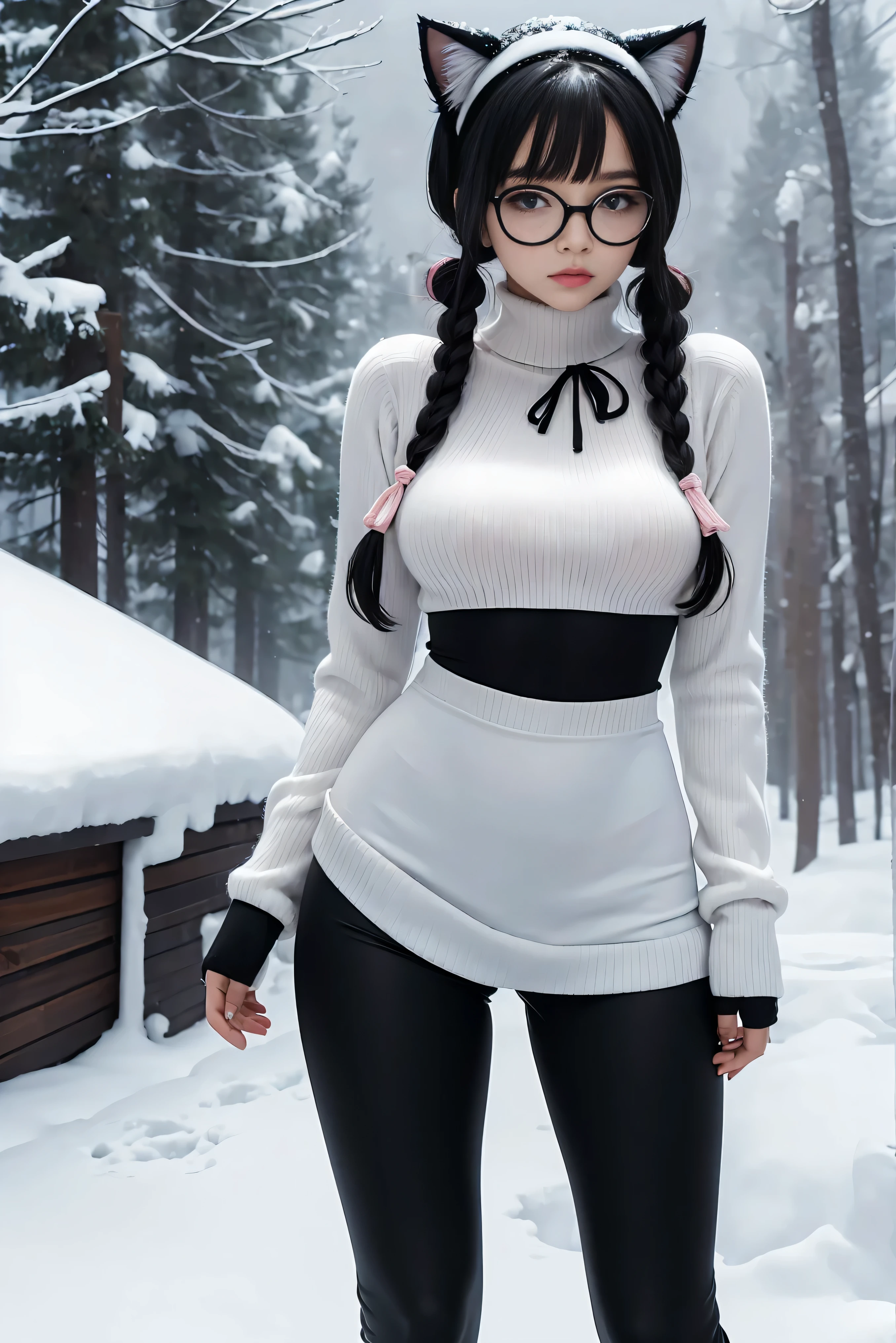 (Best Quality,High resolution:1.2), Ultra-detailed, Realistic portrait, hot Russian girl, pretty face, perfect long legs, full body, tiny waist. large breasts, standing, tight white cropped jumper, black high waist leggings, pink and white snow boots, in the snow, large blue eyes, long black hair tied up with a ribbon, pigtails, tight high waist mini skirt, woolen socks, hair bangs, snowing, foggy, (large round black rimmed glasses), cat ears