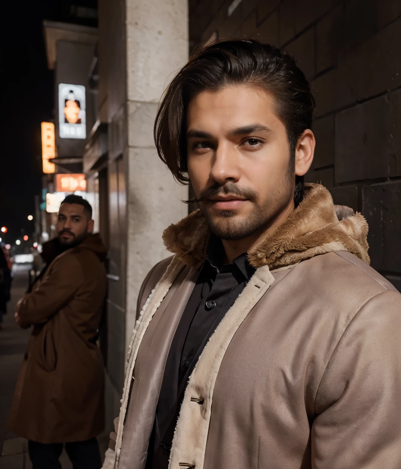 Buetifull man with a full dark  hazel brown beard and white skin, has short brown hair thats comed to the side, shaved sides,. Wearing a brown coat with a blsck suit vest and grey suit pants, strong hawline and cheekbones, has dimples, full beard, white skin, standing outside, close up of face, lookigns straight st camera, pale skin, square face type, wearing fur coat, very handsome man posing, has mustache, latino, has a mustache, musclar man, has wearing gold watch, perfect face, stromg jawline, square jawline, roman nose shape, rectangular face shape, hooded eye shape,