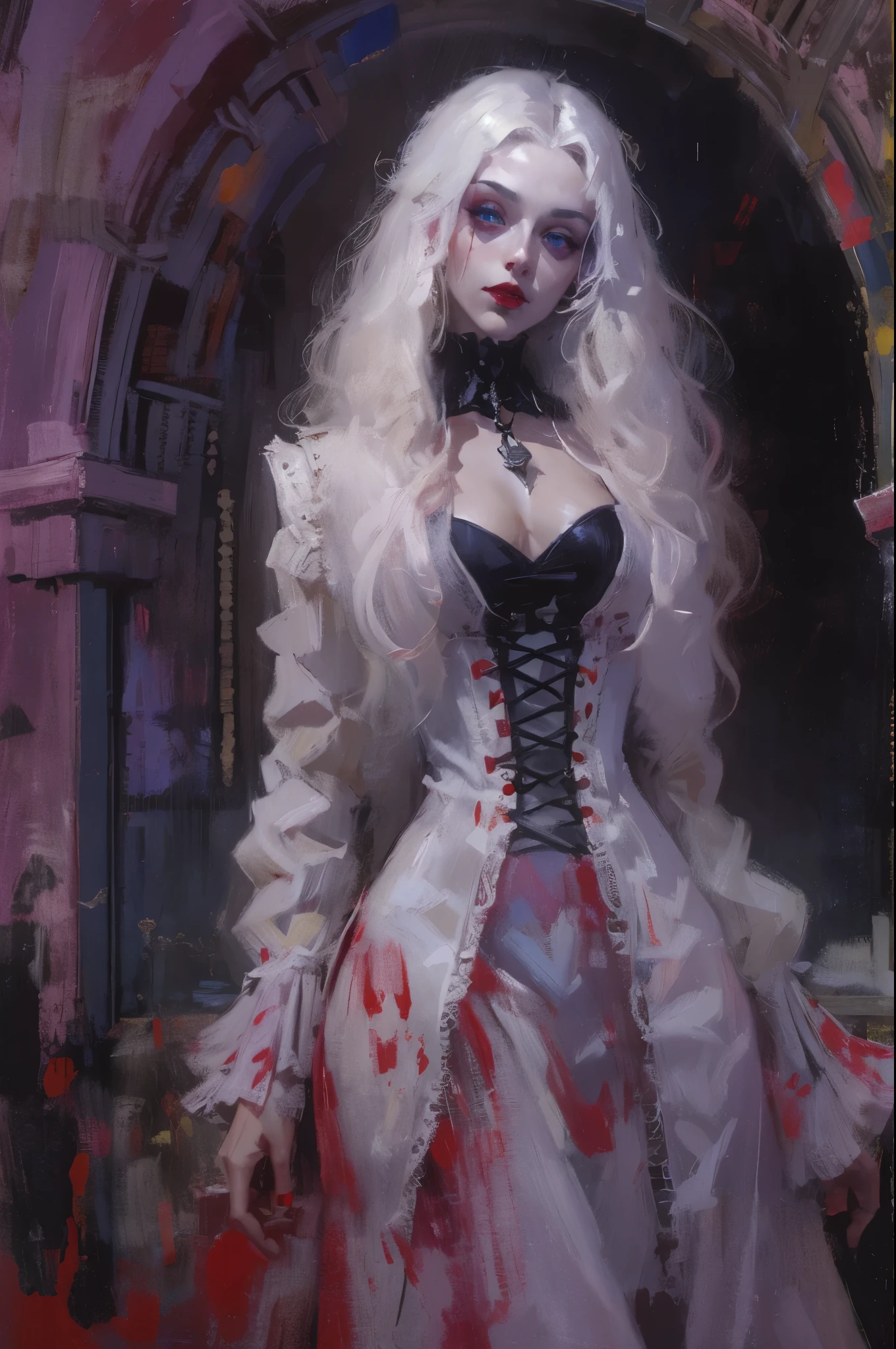 full body portrait,Vampire woman wearing gothic style clothing,Sexy and enchanting,long white hair,Red eyes,Blood at the corners of the mouth,small leather boots,moonlit wilderness,Surrealism,painting,ink,acrylic painting,masterpiece,Gothic thriller style,Gothic castle,best quality,high resolution,Super fine,Delicate eyes,facial details,hair details,precise,Clear eye focus close-up