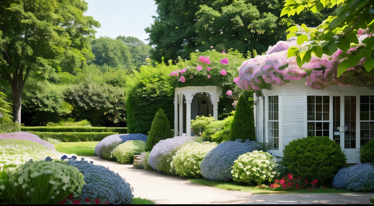 Beautiful country house with well-kept garden, rose, white birch, strawberry, hydrangea