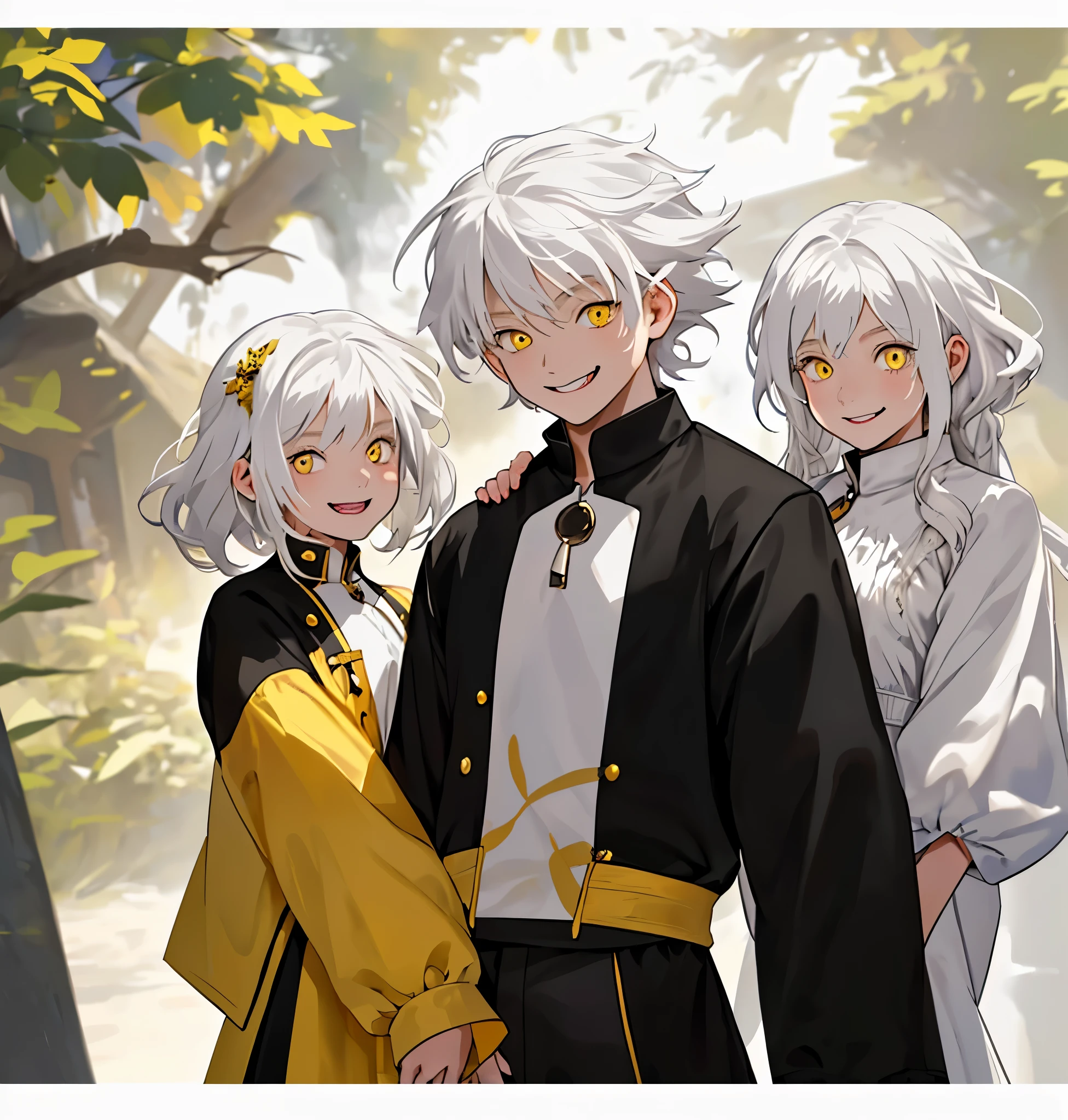 two 7-year-old twins, a boy and a girl, with white hair and yellow eyes, are smiling mischievously at each other.