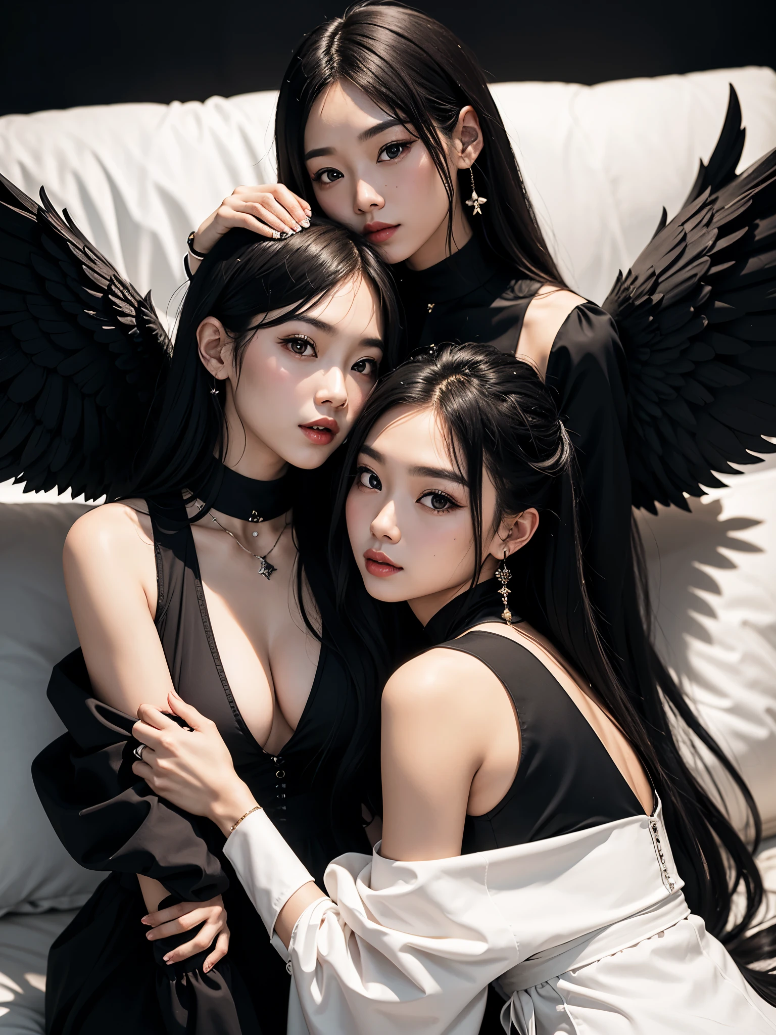 Two Asian women dressed in black and white posing for a photo., ulzzang, con dos pares de alas, 2 angeles, Alas de encaje negro, ropa de encaje de alas, bladed ropa de encaje de alas, the villain has black angel wings, tiene alas negras, con alas reales, young pale angel, Fallen Angels, angel theme