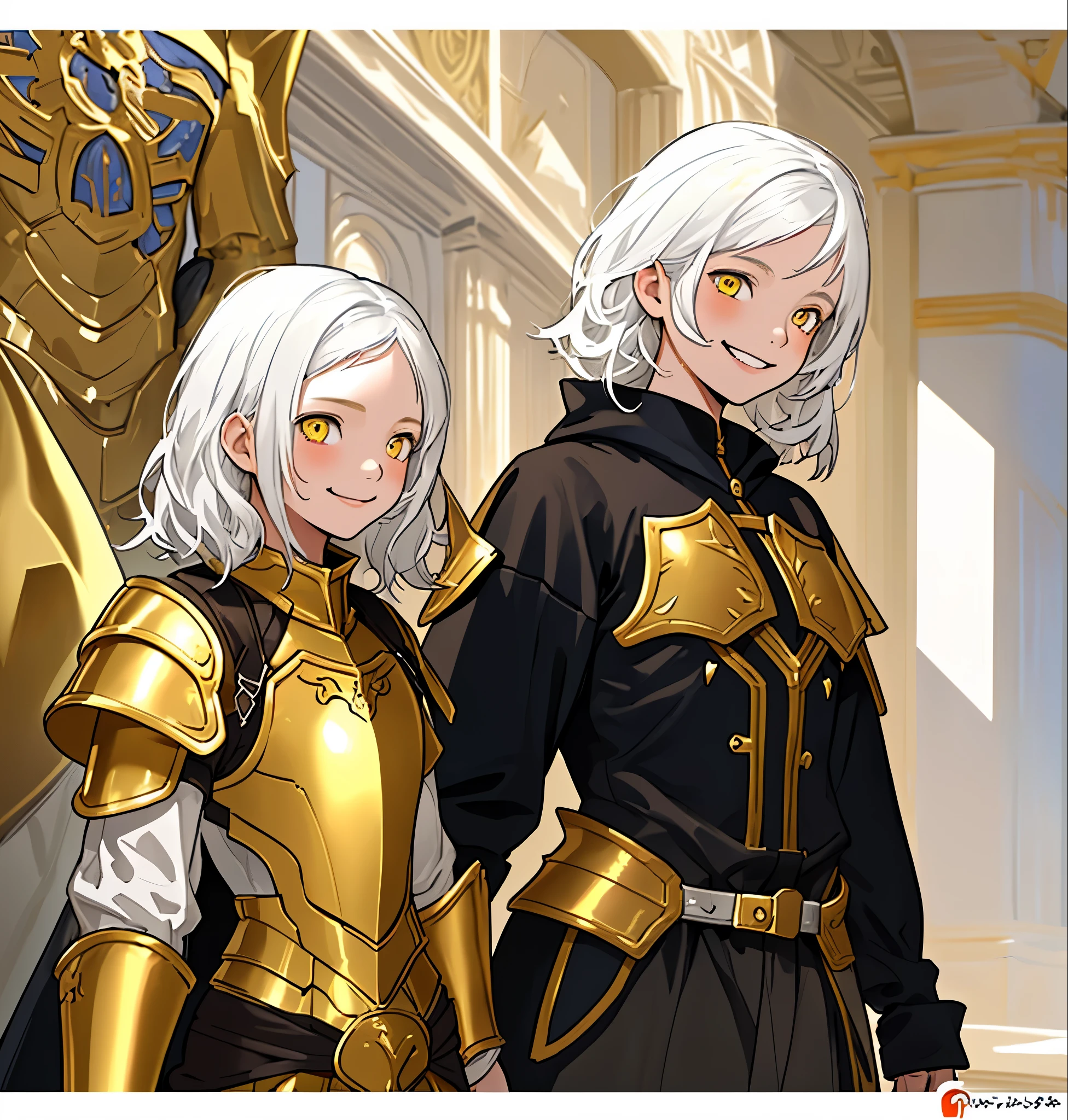 two children, boy and girl, twins, 7 years old, white hair and yellow eyes, smiling evilly, wearing golden armor for battle.