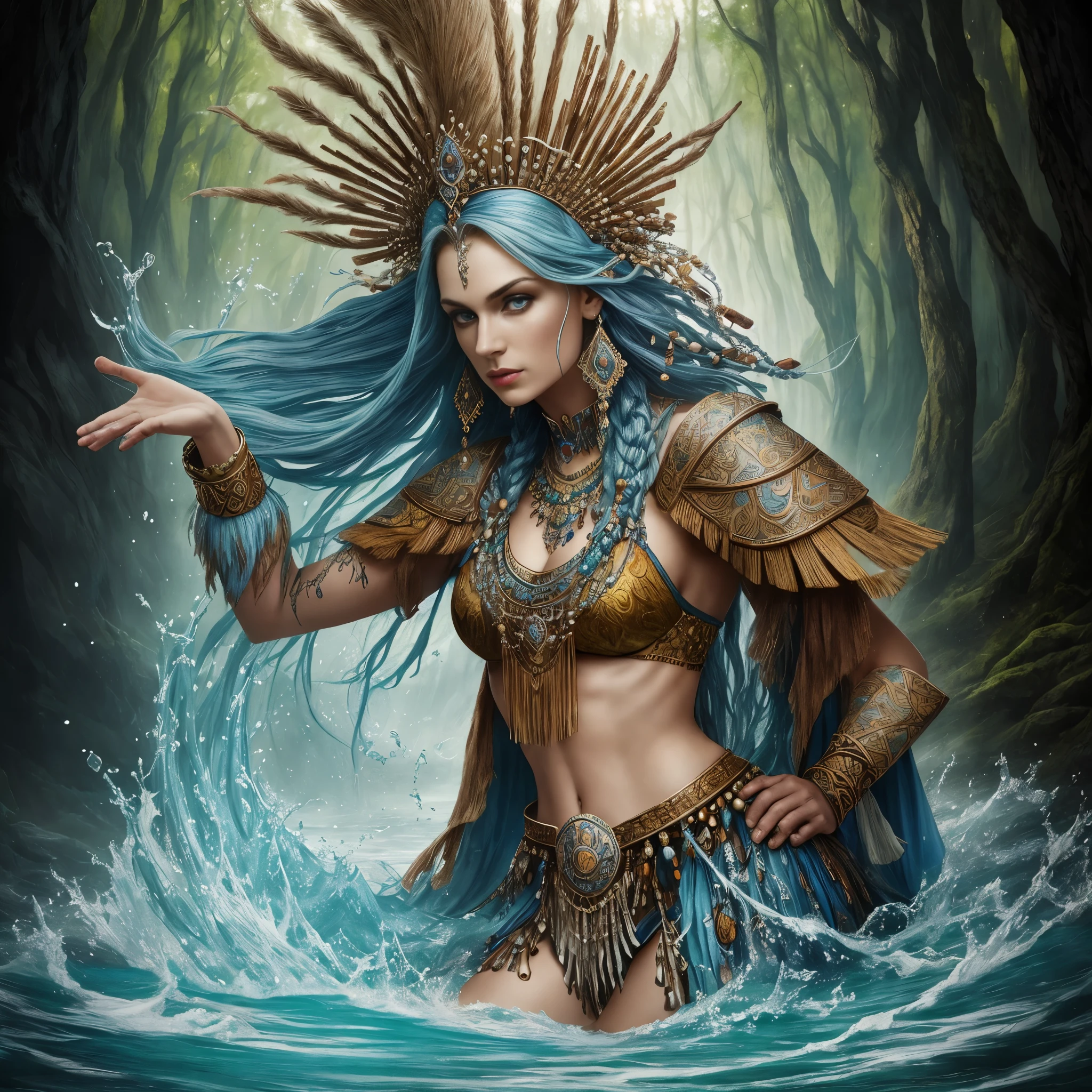 Fantasy shaman by Yvonne Strahovski, Beautiful Hungarian woman | Indonesian, com dreadlocks, usando armadura de couro intrincadamente decorada, Realista rendering, dungeons and dragons, fantasia, octane rendering, zbrush. Design de personagem, photoRealista, irreal, hyper-detalhado mechanism, arte conceitual, trend in the art season. ((melhor qualidade)), ((obra de arte)), ((Realista)), (detalhado), retrato em close, retrato de corpo inteiro, olhos castanhos, vestindo armadura de couro, highly detalhado skin and hair, olhando para o espectador, Arte extravagante, cores gradientes impressionantes, assinatura sem marca d&#39;water, boca fechada, detalhado background, selva exuberante, boca fechada, incredibly detalhado, ((obra de arte)), absurdos, hdr.