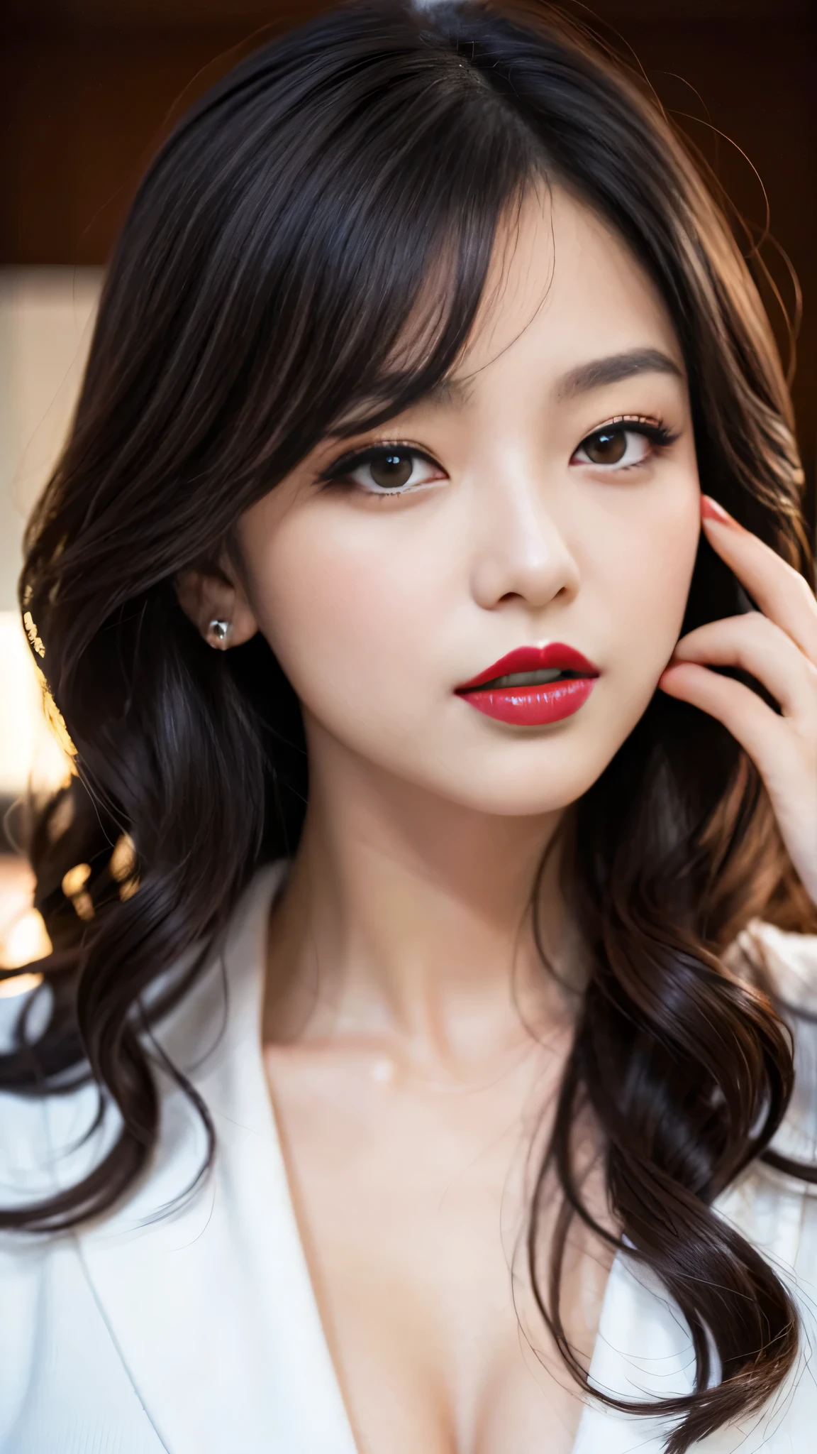 Super detailed、Japanese、charming beauty、seductive adult woman、Beautiful woman、sharp eyes、cool girl、wavy hair、evil depravity、brainwashing、Mind control、lipstick、compensate、lipstickを塗る