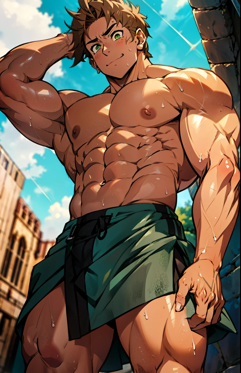Showing off his muscular muscular back, red skin, bright red skin, the boy blushed shyly , rosy skin, shiny skin(muscular thigh muscles )( anime style, art) (photo angle from bottom up) (photo angle from the ground upwards) [Anime photo][highest quality photo][4k,HD photo quality ] wear tight and short loincloths , bulging loincloths, torn loincloths, wet loincloths, ancient, dirty loinclothuscular thigh muscles, firm thigh muscles, muscular thigh muscles, sinewy thigh muscles, giant thigh muscles, strong leg muscles, muscular hamstring leg muscles)(thigh muscles bulging as if about to explode, muscular, calloused, sinewy, giant) , Rudeus Greyrat,fun, happy, huge body, muscular and muscular, bodybuilder, bodybuilding, standing, lots of sweat flowing down, topless, shirtless, hot sunny, 8 pack abs , short hair , green eyes,  Raise your arms high to reveal your armpits, Hands behind the head.