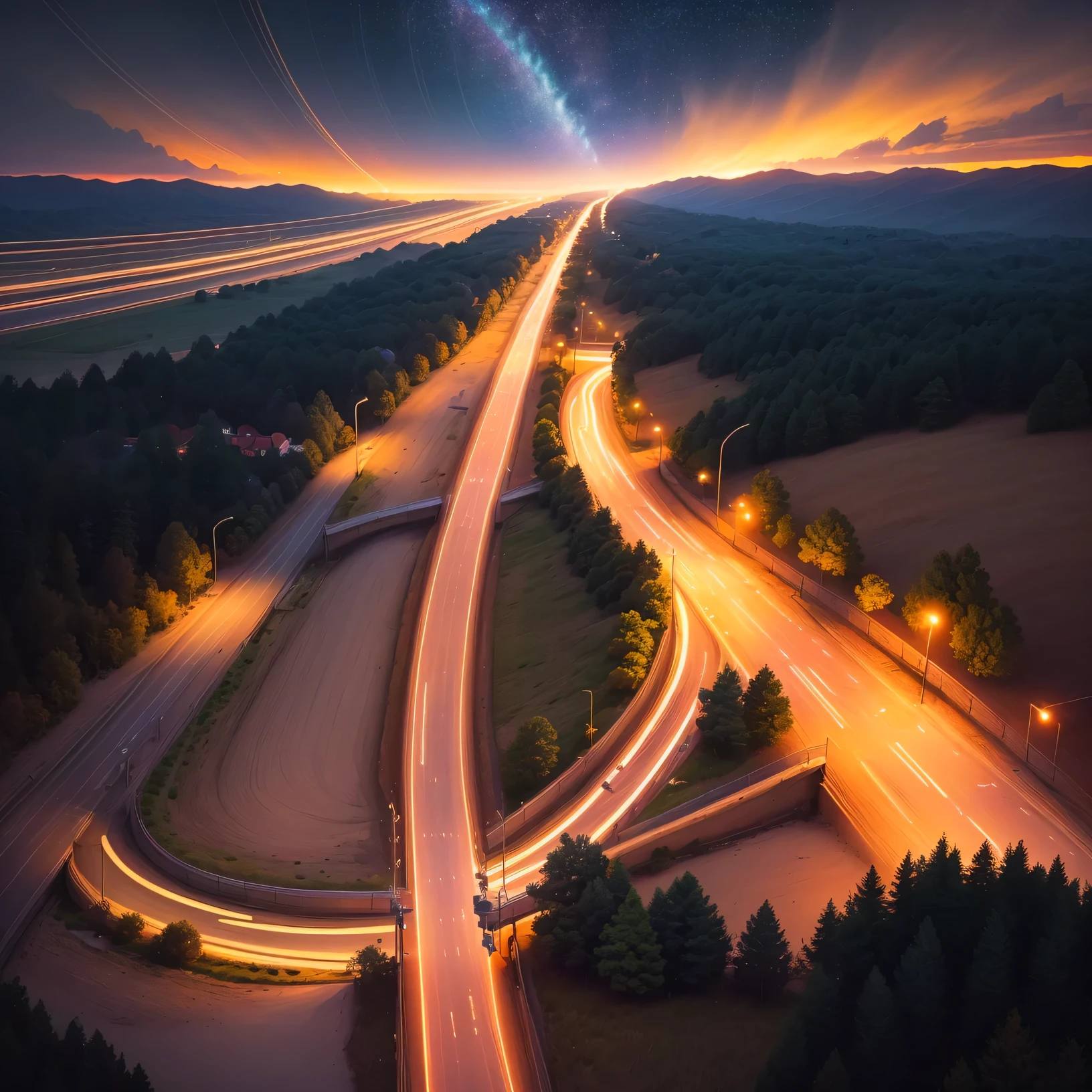 (light trail photography:1.3), (car tail light tail light line, (Line drawing of tail light), winding city road:1.3, camera in manual mode, ND16 filter, f/8, ISO100, (150 seconds long exposure), shot from above, breathtakingly beautiful light, Complex, (masterpiece), (highest quality), (Ultra high definition), (realistic:1.3),starry sky