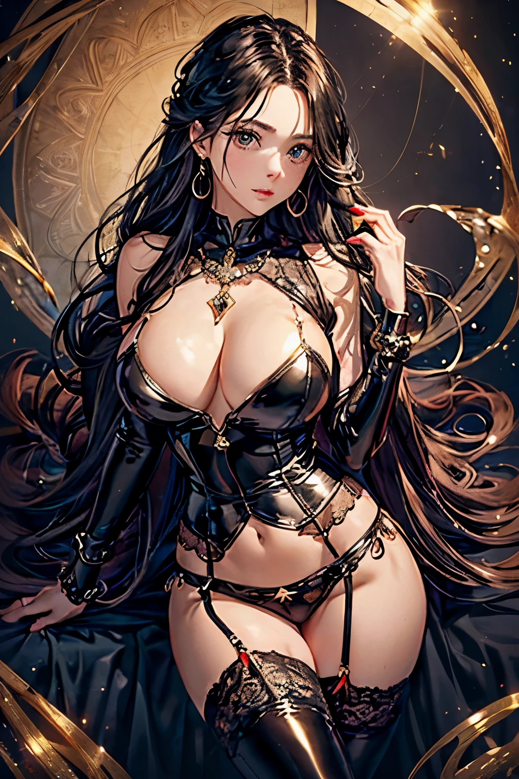 fantasy concept art of 1girl, best quality, masterpiece, supercute, detailed eyes and face, (pureerosface_v1:0.4),
(oiled skin, glossy skin:1.1),
AS-YoungV2, beautiful face, cute face, (sapphire:1.1) jewelry, smokey eyes, long eyelashes, pale skin, perfect skin, solo, (dramatic lighting:1.1),
fantasy style,
front view,
her clothes are decorated with many ornaments,
she wears many bangles with decorative ornaments on both arms and on both upper arms,
she wears a lot of decoration,
she wears big earrings,
she wears a necklace,
she wears several jewelry bracelets,
(very long hair:1.4),
the hair is blowing wildly around the body,
(very curly hair and the hair is blowing wildly around the body:1.2),
her mouth is open,
(she wears a ultra tight short shiny short panty:1.6),
(she wears a ultra tight open shiny top:1.6),
(very big round breasts:1.5),
very wet ,
big lacy ,
Oily breasts,
she wears a shiny suspender belt,
she wears a shiny slip,
you can see the cameltoe,
she wears a thin and very tight transparent shiny very wet blouse,
the blouse is open and her breast is visible,
she wears a ornate very shiny belt,
she wears ornate shiny stockings,
she wears a shiny suspender belt under her skirt,
she wears high heels,
much water runs over her breasts,
(irish Girl:1.2),