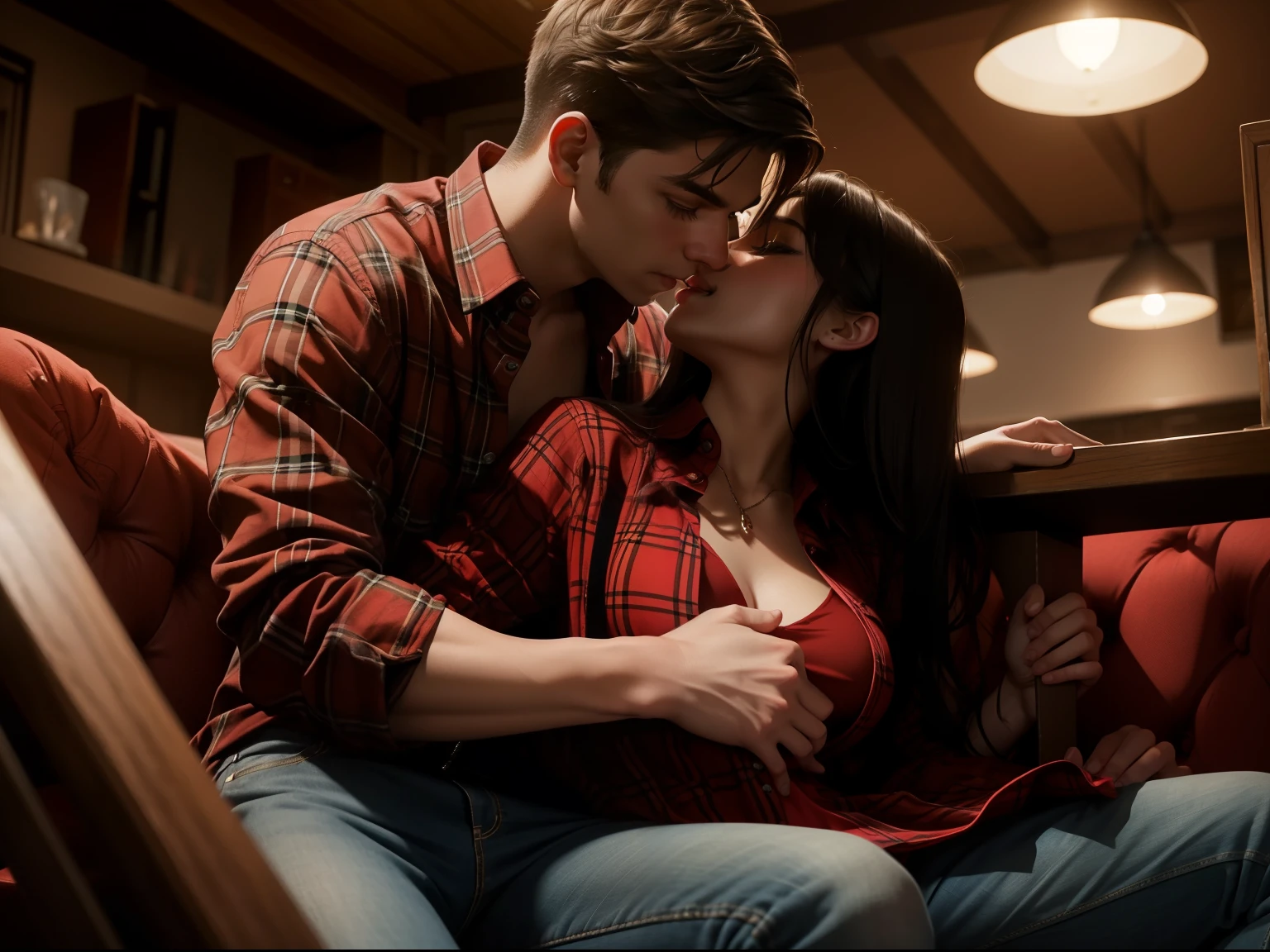 Young  woman wearing a red dress sitting on lap of young man wearing a red and black flannel shirt and jeans who is sitting on a chair, kissing, making out, passionately, dim lighting, , hot, 