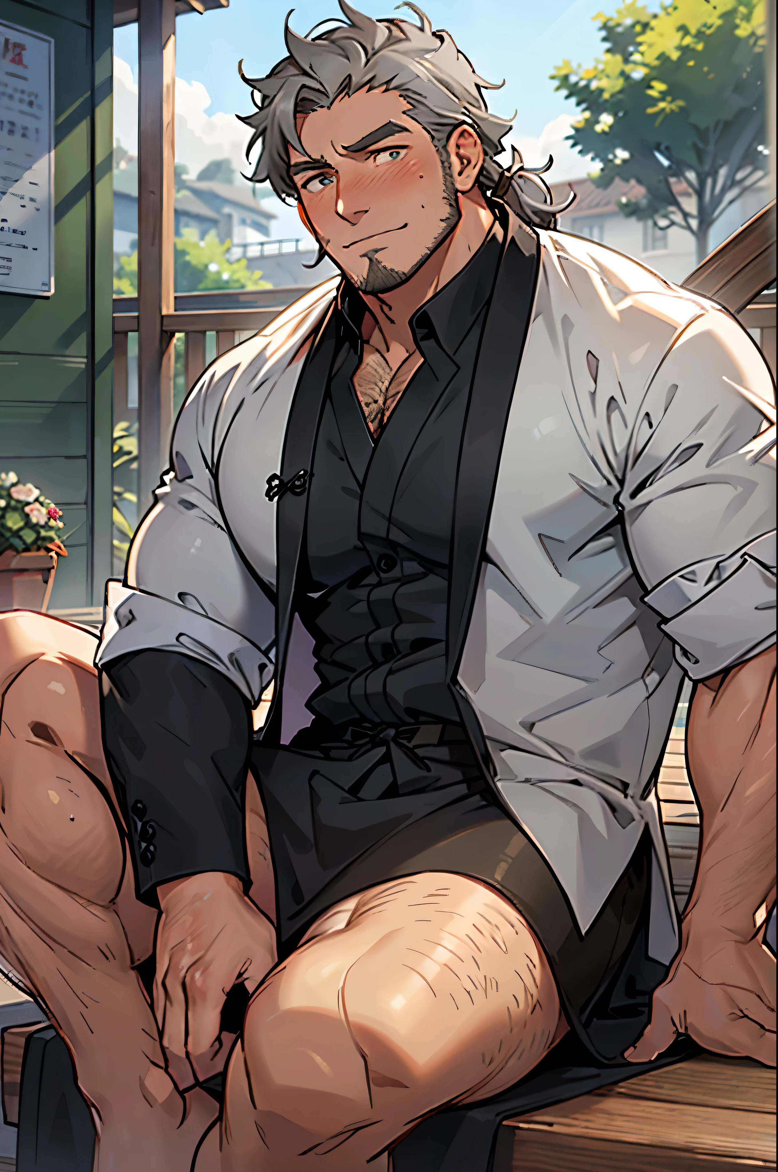 (high resolution:1.2),Handsome ((older)) middle-aged man,Sitting on the deck in summer,warm smile,blush,anime style, stubble, (wrinkle:1.2), Dark gray slicked back hair, Perfect and detailed eyes, hairy body, Body hair is gray, bright colors,soft light, only, Look at the audience with a longing expression, close up, (Little chubby), China costume