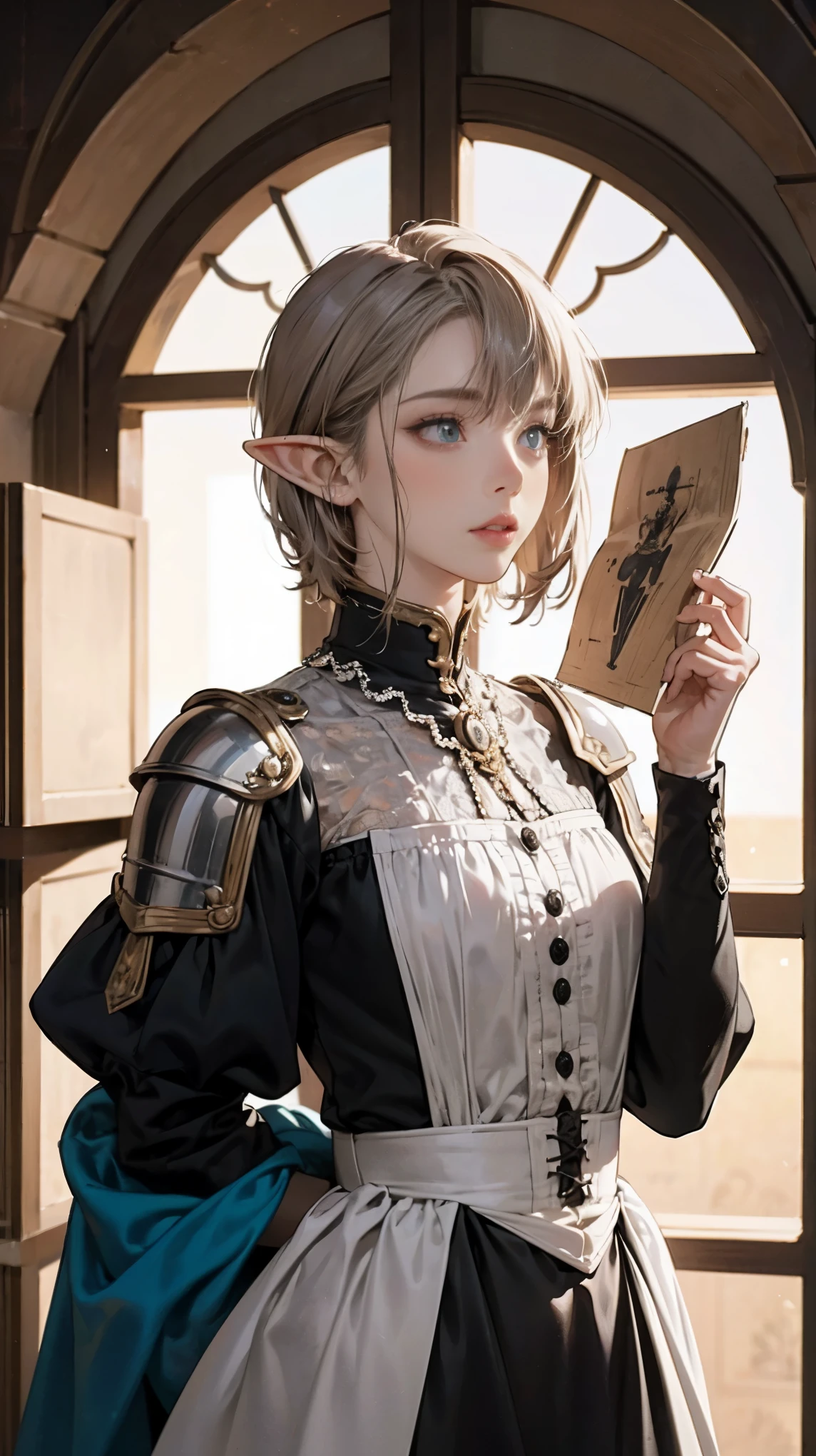 Beautiful elf female medieval knight, 1 elf race wearing black and victorian dress armor, full body portrait, very detailed face and eyes, perfect lips, short gray hair, asymmetrical bangs, anime style, dramatic, cinematic lighting, detailed expression, small details, medieval art, figure, masterpiece, drawing, anime art, In the style of Yusuke Murata.