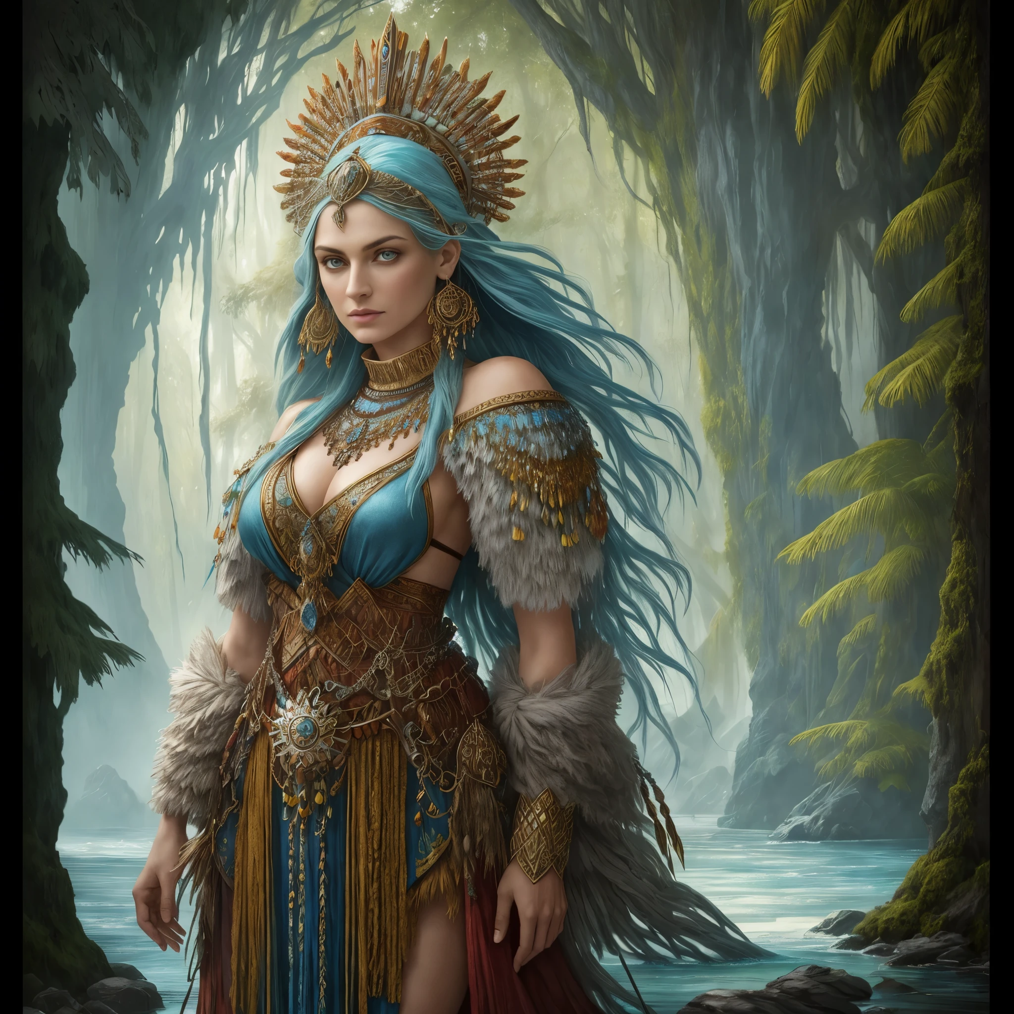 Fantasy shaman by Yvonne Strahovski, Beautiful Hungarian woman | Indonesian, com dreadlocks, usando armadura de couro intrincadamente decorada, Realista rendering, dungeons and dragons, fantasia, octane rendering, zbrush. Design de personagem, photoRealista, irreal, hyper-detalhado mechanism, arte conceitual, trend in the art season. ((melhor qualidade)), ((obra de arte)), ((Realista)), (detalhado), retrato em close, retrato de corpo inteiro, olhos castanhos, vestindo armadura de couro, highly detalhado skin and hair, olhando para o espectador, Arte extravagante, cores gradientes impressionantes, assinatura sem marca d'water, boca fechada, detalhado background, selva exuberante, boca fechada, incredibly detalhado, ((obra de arte)), absurdos, hdr.