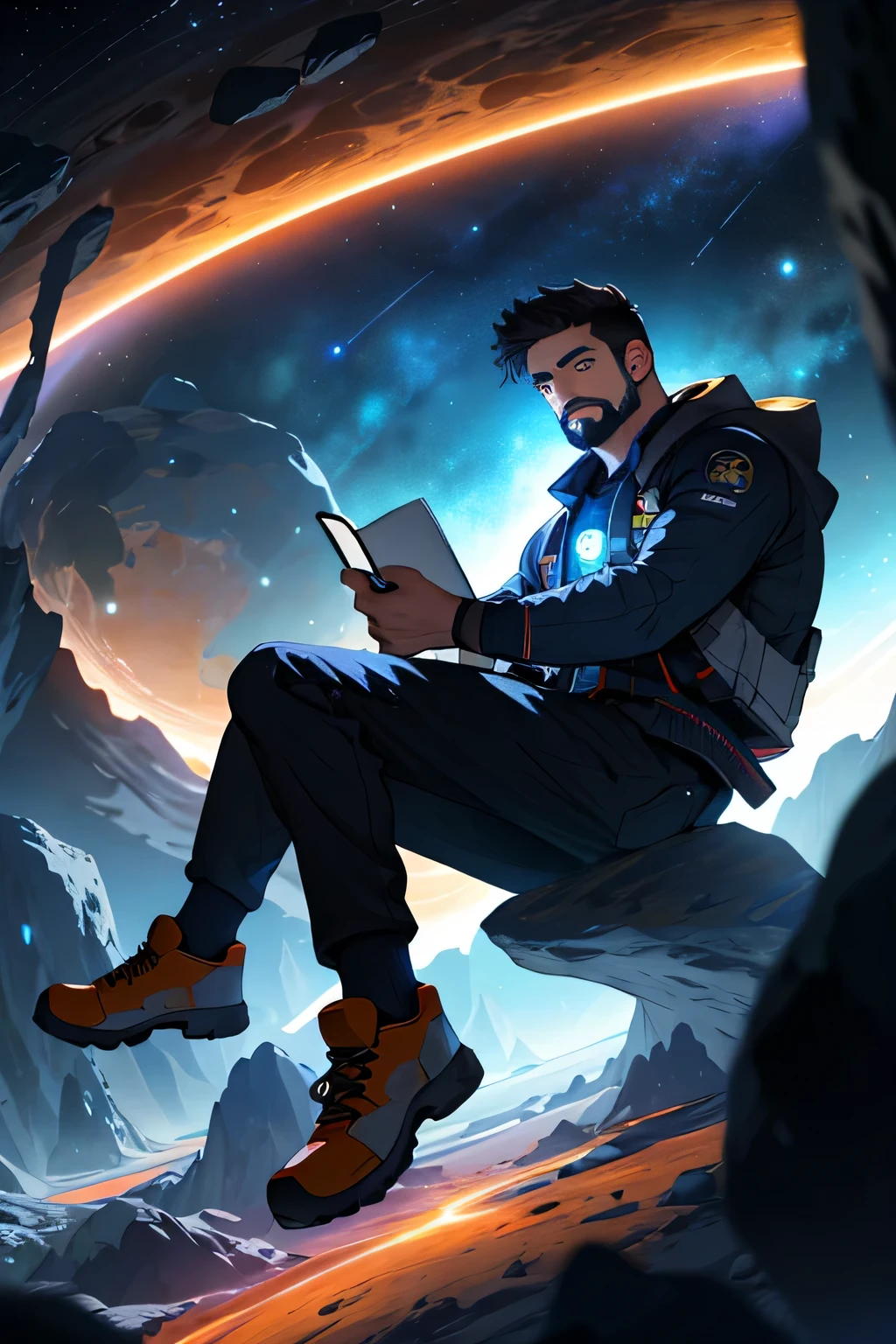 Draw a young programmer, sitting on a research platform floating in the middle of an asteroid belt. He is studying with a notebook, surrounded by several asteroids glowing with fiery auras. Dramatic lighting from distant stars and planets illuminates the scene, casting deep shadows on the suit. The young man looks confident and determined, looking at the vast and mysterious universe with wonder and respect,facial hair, cowboy shot,