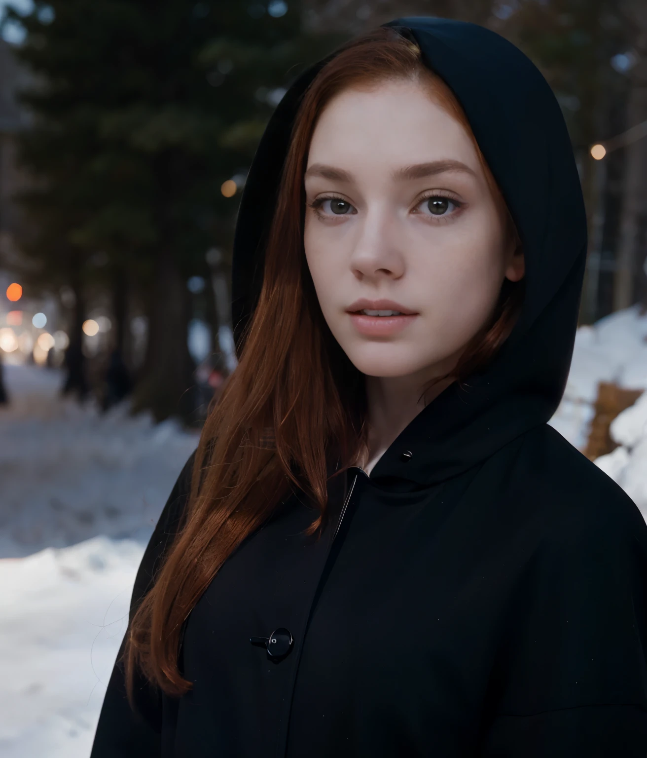 Buetifull woman with pale skin freckless long red hair and red iris, pale skin, androgynous nose, pointed nose, button nose, rectangular face shape, hooded eyes, wearing black coat, and black pants, close up of face, outside, looking at camera, small lips,