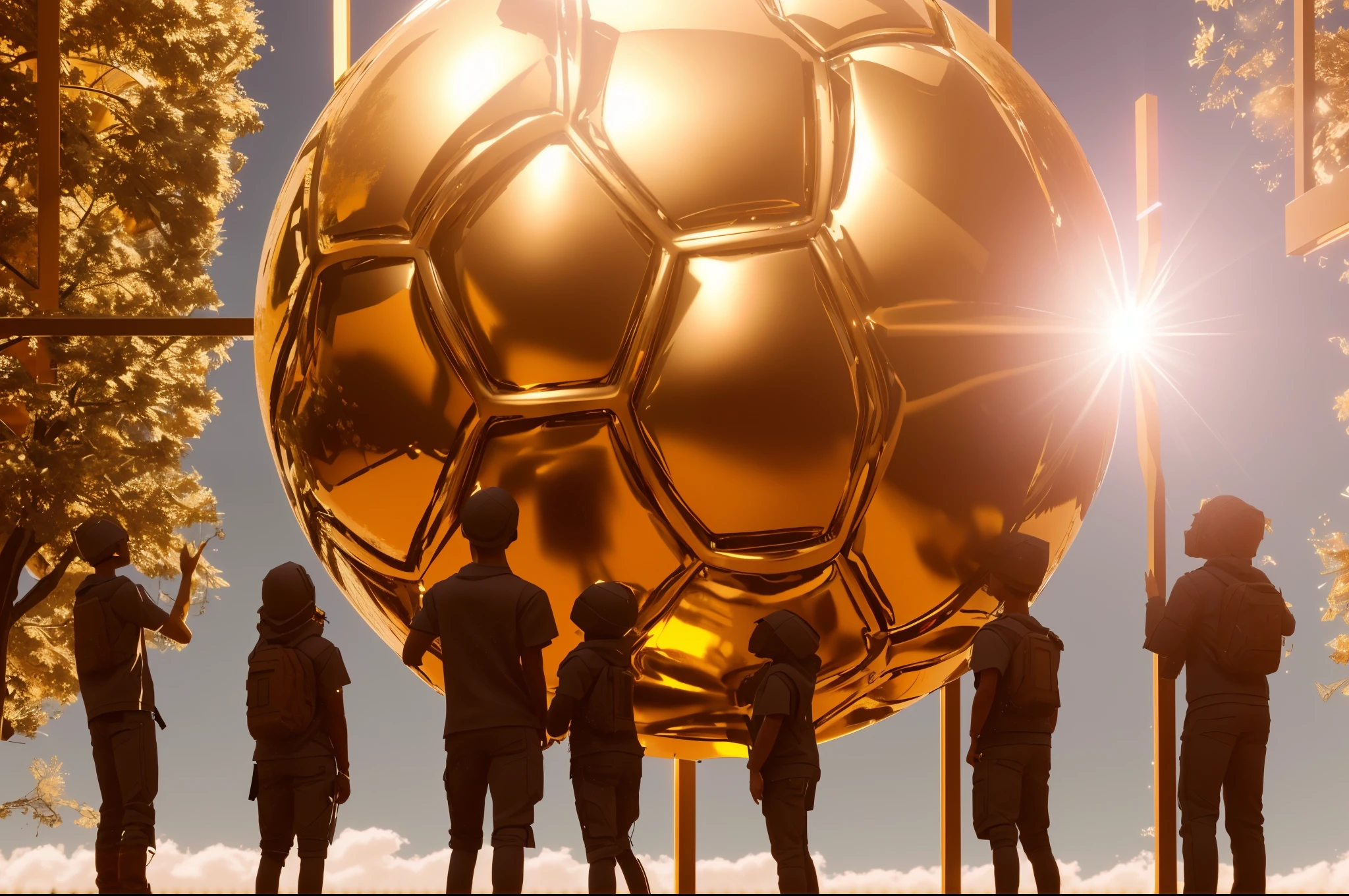 people in front of a big golden ball on a building, premiado. octane rendering, 3 d render bipe, bipe. hiperrealismo, shorts de futebol dourado, realistic cinema 4 d render, hiperreal altamente detalhado 8k, escultura feita de ouro, 3 d sculpture octane rendering 8 k, 3 d sculpture 8 k octane rendering