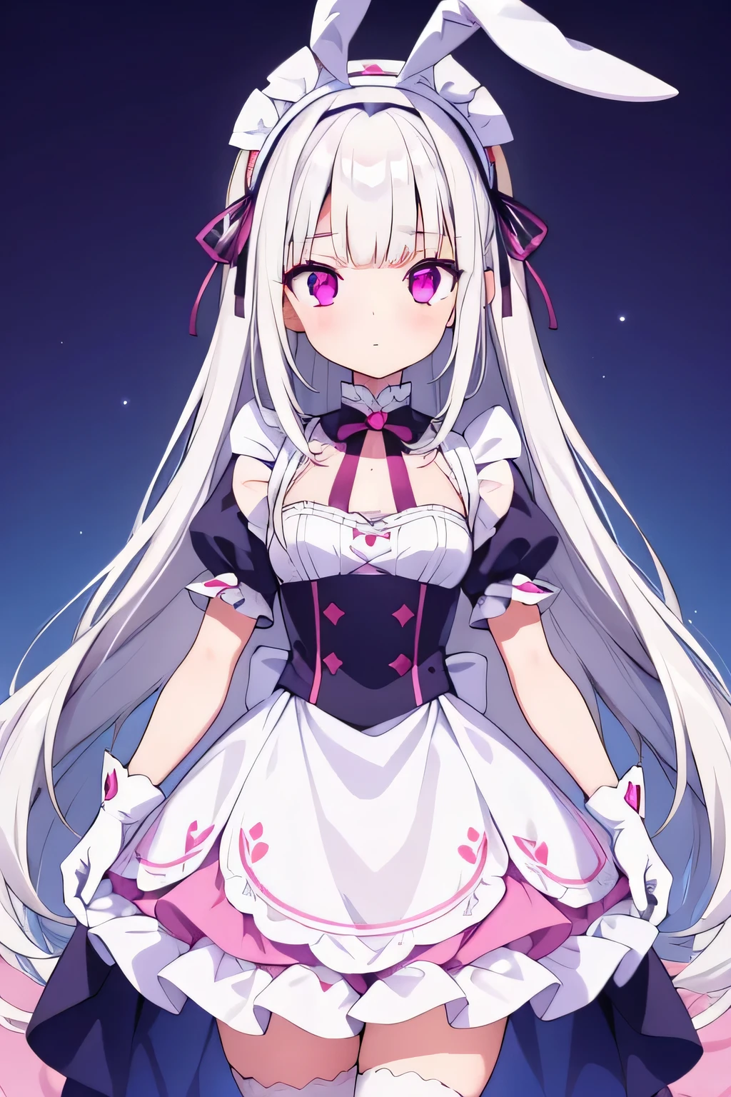 1 girl, long hair, blunt bangs, medium hair, white hair, magenta eyes, wearing plain white maid dress, headband big bunny, 8k resolutions, diamond eye, blue background, small, gloves