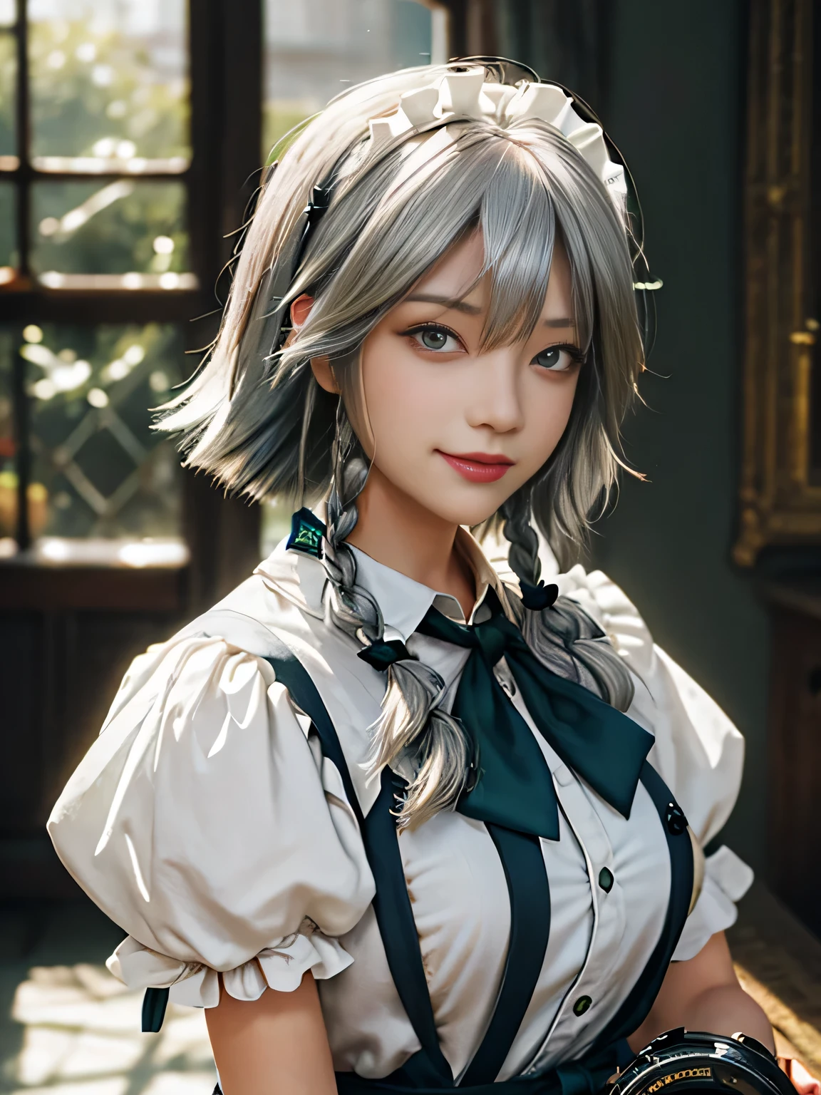 (masterpiece, best quality:1.4), ((1girl)), highres, solo, (european youth:1), (((izayoi sakuya))), touhou project, ((18 years old)), (((short hair))), (((silver hair))), braid, twin_braids, maid_headdress, maid, bow, silver hair, hair_bow, bangs, blue_eyes, ribbon, hair_between_eyes, breasts, apron, single thighhigh, fishnets, high detailed skin, dslr, soft lighting, high quality, highly detailed face, highly detailed skin, skin pores, subsurface scattering, realistic pupils, full face blush, detailed background, depth of field, volumetric lighting, sharp focus, absurdres, realistic proportions, good anatomy, ((cowboy shot)), ((looking at viewer)), ((light smile)), (realistic, hyperrealistic:1.4), 16k hdr, from above, green_bow, Red mansion