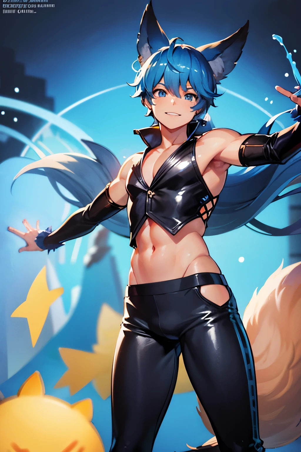 Fenneko Fox Ears, blue cyan hair, big blue tail, playful smile, blue eyes, guy, action pose, wearing a leather courselet, cloth pants