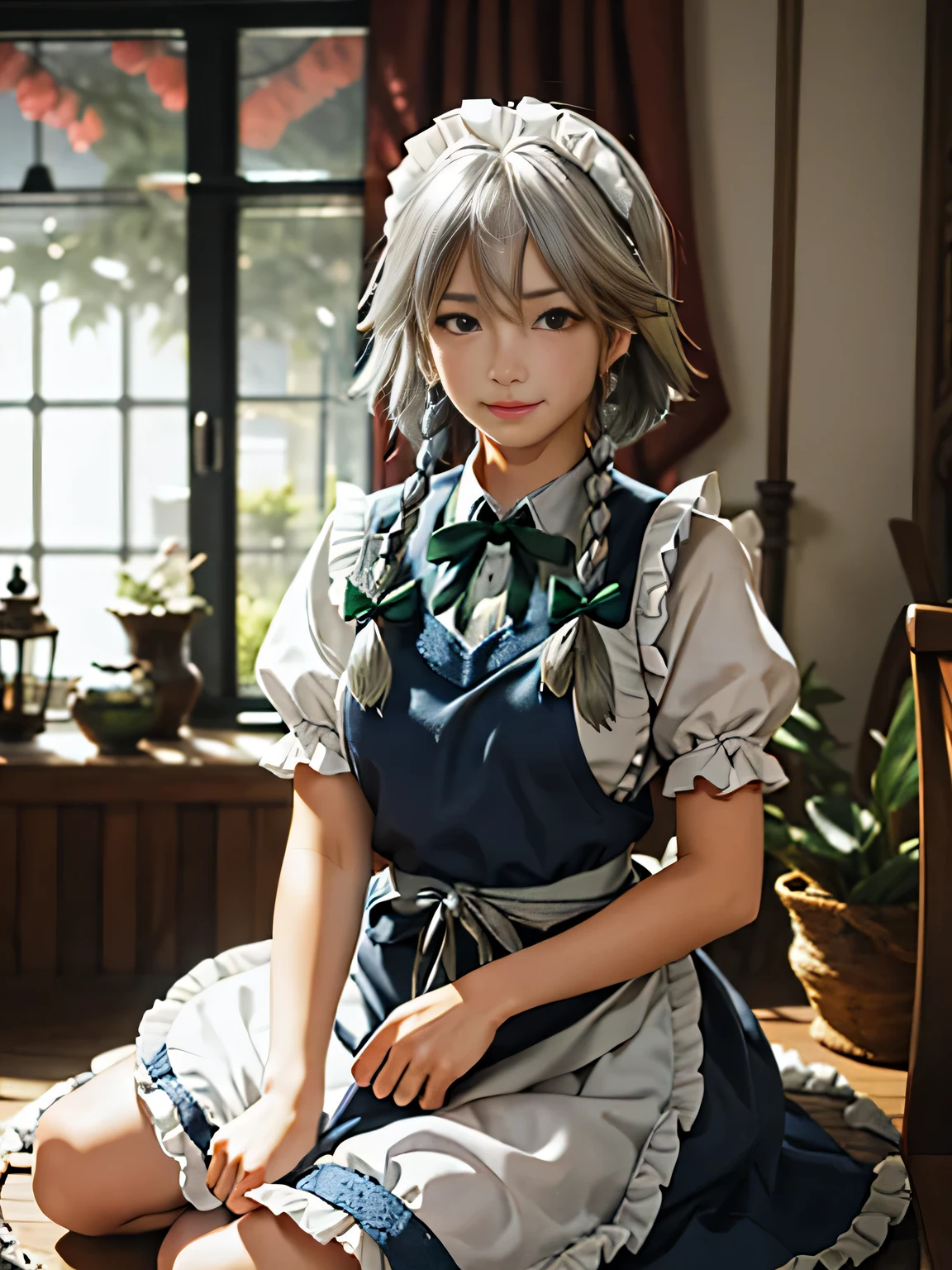 best quality, masterpiece, highres, solo, (((izayoi sakuya))), touhou project, braid, twin_braids, maid_headdress, (((short hair))), (((silver hair))), maid, bow, grey_hair, hair_bow, bangs, blue_eyes, ribbon, hair_between_eyes, breasts, apron, upper_body, green_bow, Red mansion