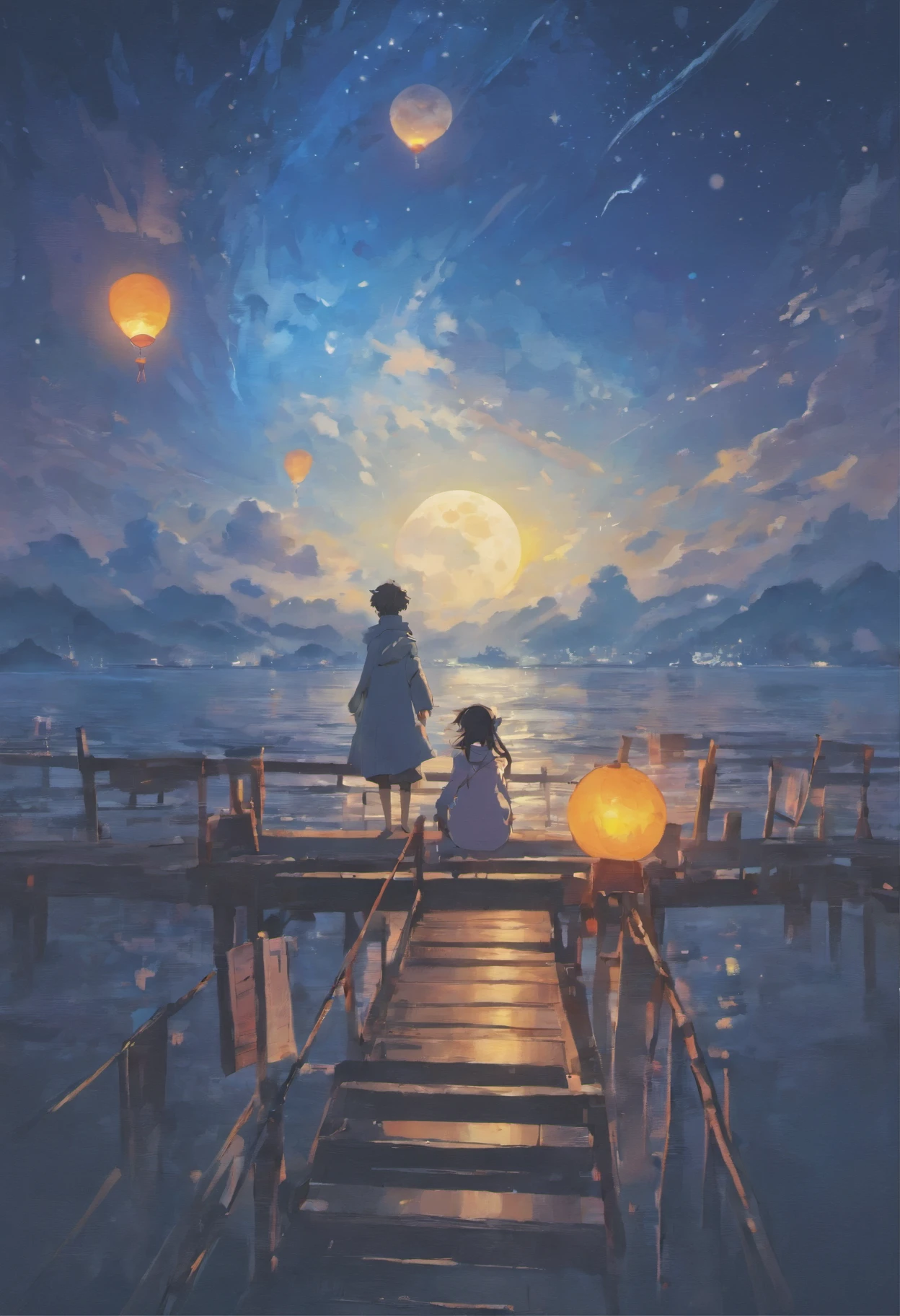 moon night，the beautiful skyline，Large expanses of ocean，Intense and dramatic imagery，the moving visual effects，High hanging moon，Colorful natural light。A man sits with girl  on an ancient lonely boat，red ballons floating in the sky。