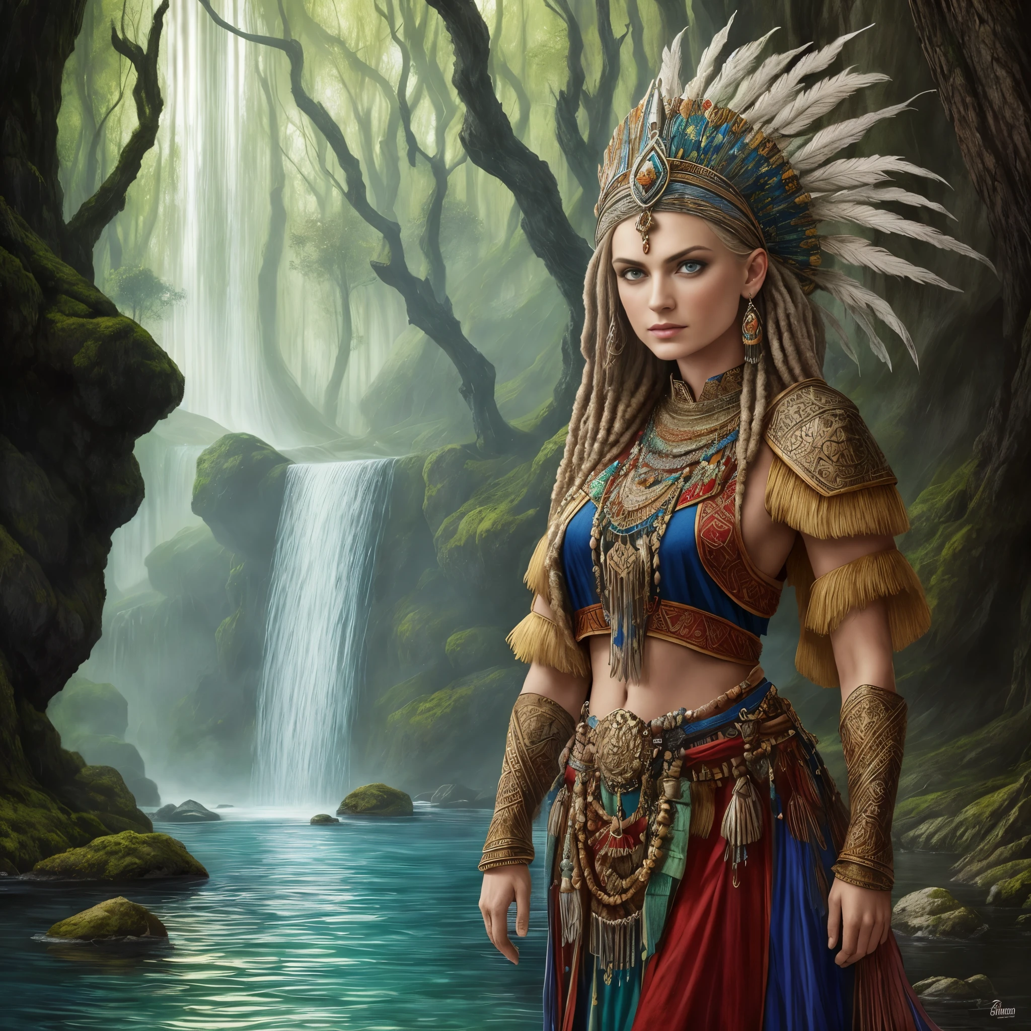 Fantasy shaman by Yvonne Strahovski, Beautiful Hungarian woman | Indonesian, com dreadlocks, usando armadura de couro intrincadamente decorada, Realista rendering, dungeons and dragons, fantasia, octane rendering, zbrush. Design de personagem, photoRealista, irreal, hyper-detalhado mechanism, arte conceitual, trend in the art season. ((melhor qualidade)), ((obra de arte)), ((Realista)), (detalhado), retrato em close, retrato de corpo inteiro, olhos castanhos, vestindo armadura de couro, highly detalhado skin and hair, olhando para o espectador, Arte extravagante, cores gradientes impressionantes, assinatura sem marca d'water, boca fechada, detalhado background, selva exuberante, boca fechada, incredibly detalhado, ((obra de arte)), absurdos, hdr.