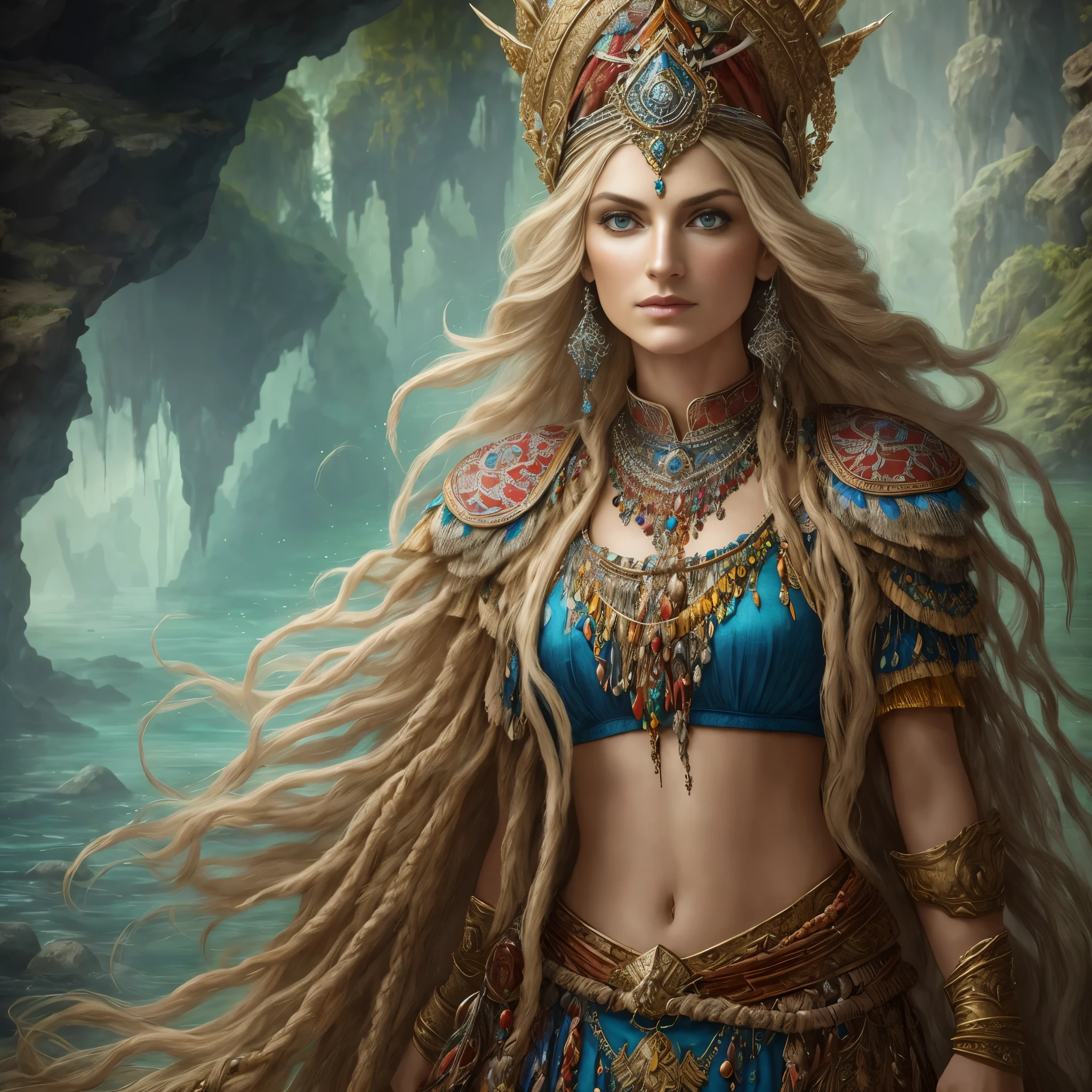 Fantasy shaman by Yvonne Strahovski, Beautiful Hungarian woman | Indonesian, com dreadlocks, usando armadura de couro intrincadamente decorada, Realista rendering, dungeons and dragons, fantasia, octane rendering, zbrush. Design de personagem, photoRealista, irreal, hyper-detalhado mechanism, arte conceitual, trend in the art season. ((melhor qualidade)), ((obra de arte)), ((Realista)), (detalhado), retrato em close, retrato de corpo inteiro, olhos castanhos, vestindo armadura de couro, highly detalhado skin and hair, olhando para o espectador, Arte extravagante, cores gradientes impressionantes, assinatura sem marca d'water, boca fechada, detalhado background, selva exuberante, boca fechada, incredibly detalhado, ((obra de arte)), absurdos, hdr.