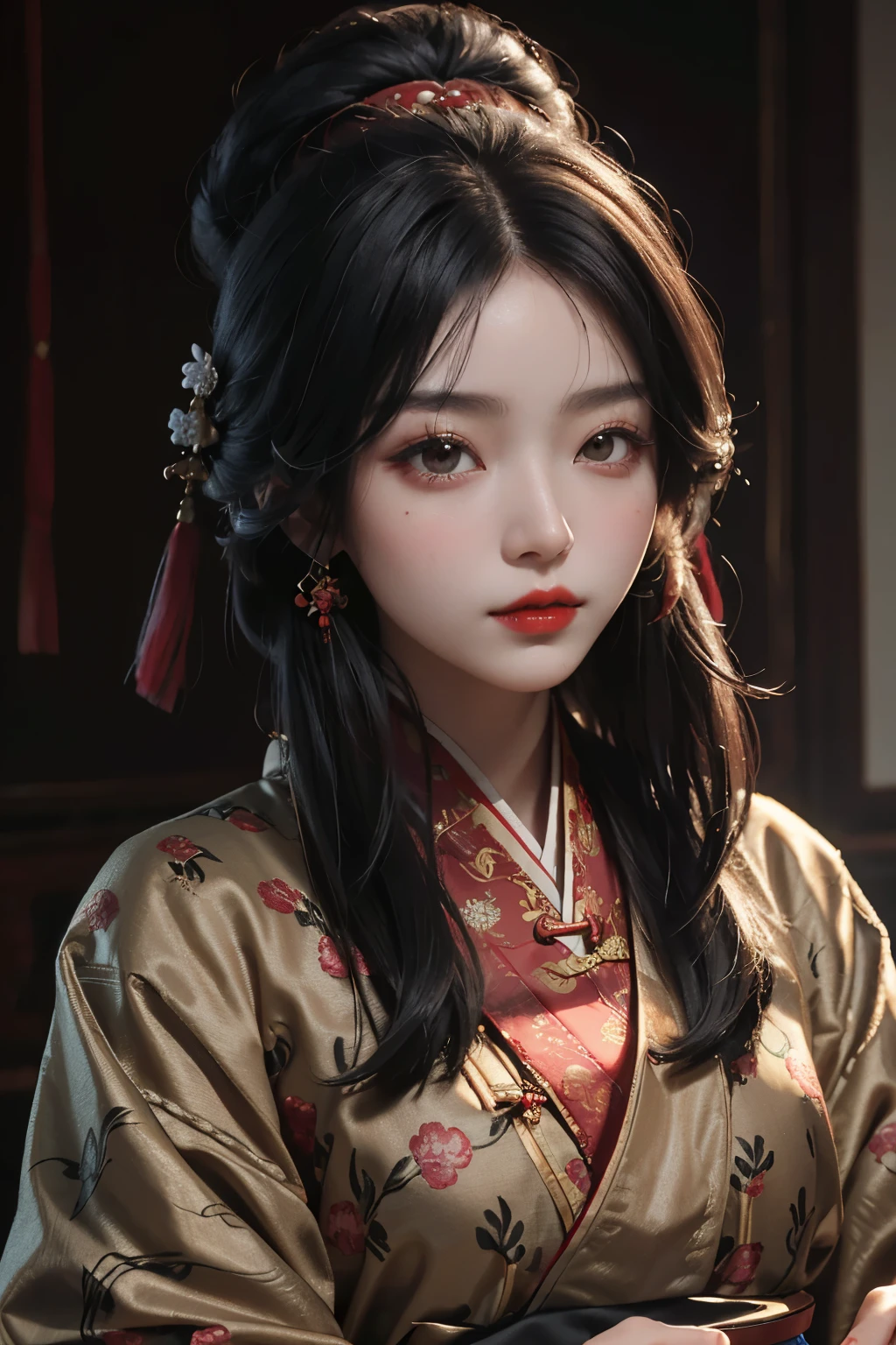 A Chinese girl, (Masterpiece: 1.4), (8K, Real, Raw Photo, Best Quality: 1.4), Solo, 1 girl, Delicate features, Beautiful face, (Real Face: 1.4), Long black hair, (Detailed Face: 1.4), Traditional Chinese Hanfu attire, Refined and intricate clothing, Graceful posture, Looking at Viewer, Fine details, (Red lipstick: 1.3), Traditional Chinese accessories, Beautiful and intricate makeup, Pure and radiant complexion, The intricate patterns and colors of her Hanfu vividly stand out, Ultra high resolution, Ultra-realistic,