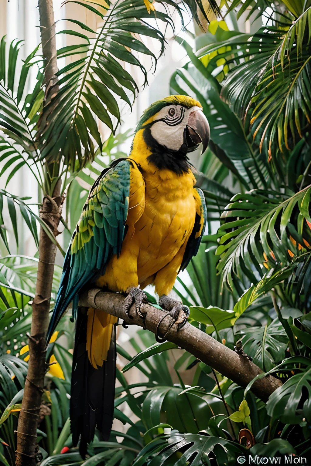 Develop an enchanting three-dimensional representation of a yellow macaw . Certifique-se de incorporar detalhes realistas, like soft feathers and a curious expression. Pay special attention to colors, using vibrant tones that highlight the vibrant and exotic nature of the macaw. Considere o ambiente ao redor, be it a tropical environment or a playful setting suitable for a young macaw. Ensure the scene conveys a sense of joy and vitality. Feel free to add additional elements that complement the atmosphere. Remember the emphasis is on the macaw's cuteness and vibrant nature, So pay attention to the details to create a visually stunning and captivating work of art.