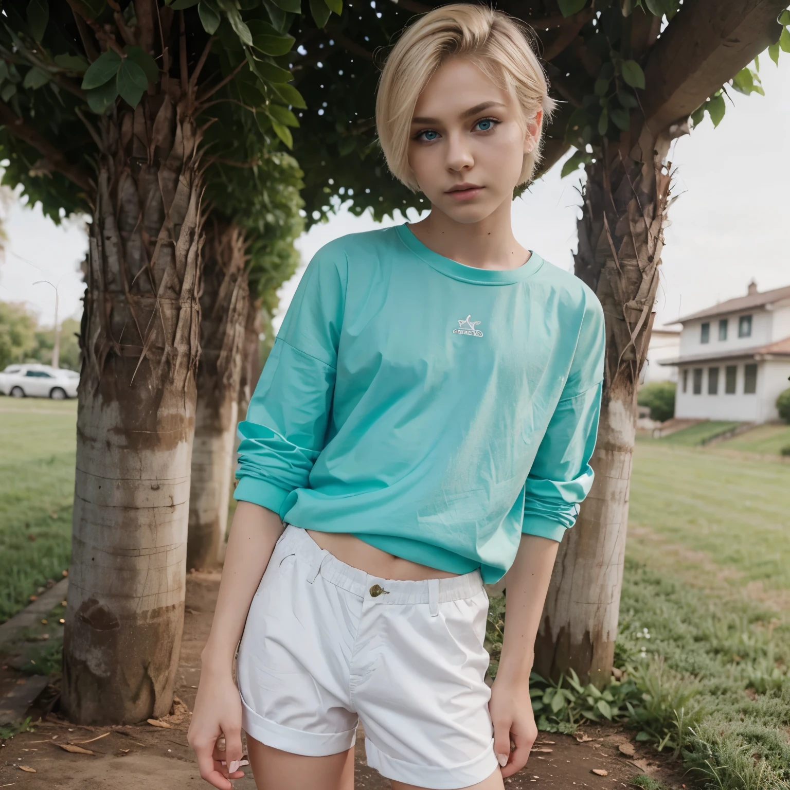 White boy, young, boy, short blonde hair, wolf cut, twink, , feminine face, male, femboy, blue eyes, small lips, full body view, feminine body, buetifull, eboy, femboy, medium lengh hair, wearing blush, eyeliner, full body view, wearing green outfit, wearing white under shirt with green shirt over it, wearing blue shorts, white plants, wearing brown boots, full body view, foxy eyes, femboy, male, male, femboy, standing, In green field, feminine face, buetifull feminine face, femboy, boy, femboy, femnine, wearing eyeliner, wearing makeup, femboy, wearing makeup, has eyeliner on, black eyeliner, eye shadow, makeup, Kelly June.