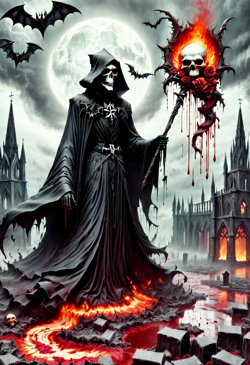 (Messenger from hell:1.4),cross,one个巨大的死神,looking from bottom to top,hell,magma,flame,(紫色flame:1.3),There is fresh Blood on the ground,Blood pool,dripping Blood,Gothic aesthetics,one、Rose、castle、cross、Blood、churchyard,gothic style的神秘、solemn and profound,gothic style,gothic style蕾丝的衣服、象征浪漫的Rose、grave、吸Blood鬼、witch、ruins、gothic cathedral,Gothic symbols series