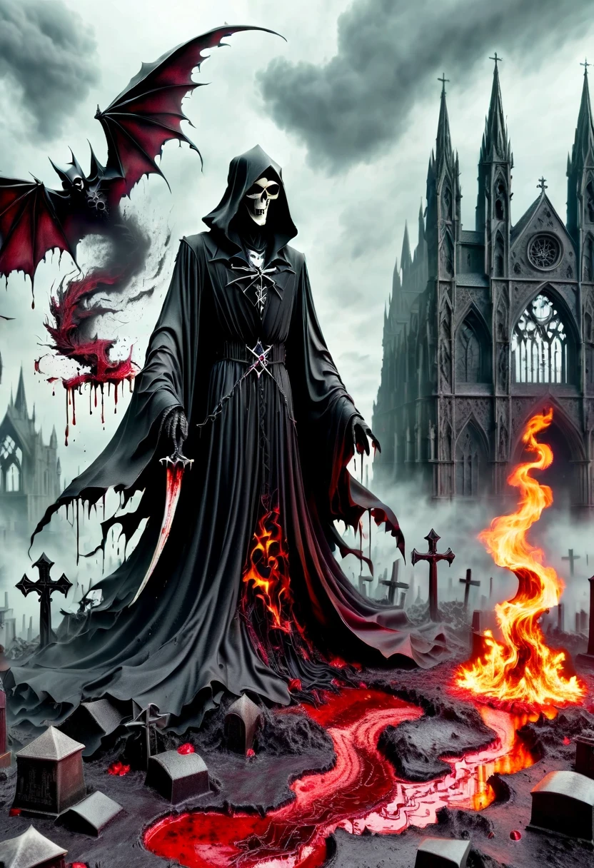 （Messenger from hell：1.4），cross，one个巨大的吸Blood鬼，looking from bottom to top，hell，magma，flame，（紫色flame：1.3），There is fresh Blood on the ground，Blood pool，dripping Blood，Gothic aesthetics，one、Rose、castle、cross、Blood、churchyard，gothic style的神秘、solemn and profound，gothic style，gothic style蕾丝的衣服、象征浪漫的Rose、grave、吸Blood鬼、witch、ruins、gothic cathedral，Gothic symbols series