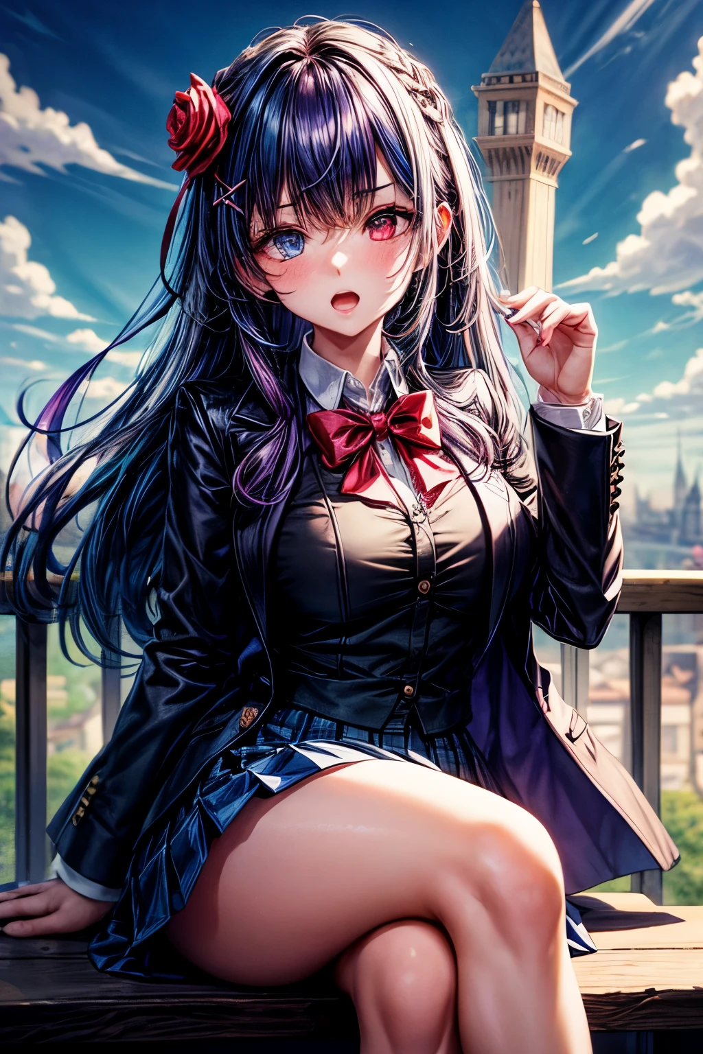 (32k), 1girl, solo, long hair, (breasts), looking at viewer, blush, open mouth, bangs, blue eyes, skirt, shirt, hair ornament, red eyes, long sleeves, bow, hair between eyeedium breasts), blue hair, purple eyes, jacket, purple hair, flower, multicolored hair, pleated skirt, outdoors, sky, collared shirt, cloud, bowtie, red bow, two-tone hair, blue skirt, v-shaped eyebrows, black shirt, gradient hair, rose, heterochromia, animal, blazer, x hair ornament, blue jacket, red flower, pink flower, red rose, purple, flower, pink rose, tower, pig, 32k,