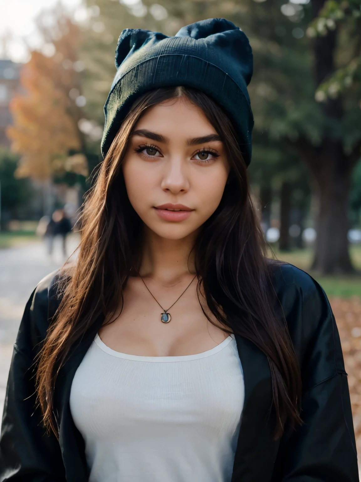 arafed girl with long hair wearing a black shirt and a necklace, soft devil queen madison beer, madison beer, portrait sophie mudd, 18 years old, madison beer girl portrait, violet myers, gorgeous young model, 19-year-old girl, valentina remenar, she is about 1 6 , :: madison beer New to Fanvue so I’m kinda clueless 😆😅 posting a lot of 'exclusive' stuff tho 🙈🙈 I can’t wait to get to know you so DM me as I’ll always reply when I’m online 😇 I send free pics sometimes if you’re nice to me xx french braid, detailed sparkling eyes, long eyelashes, light smile, taniaayusiregar, She wears black Pullover and blue jeans with belt, beige beanie, she waits in park in Fall season, shy pose, trees and old buildings far in background, photorealistic, Masterpiece, bokeh, Volumetric lighting, low light, sensual atmosphere, wide angle shot