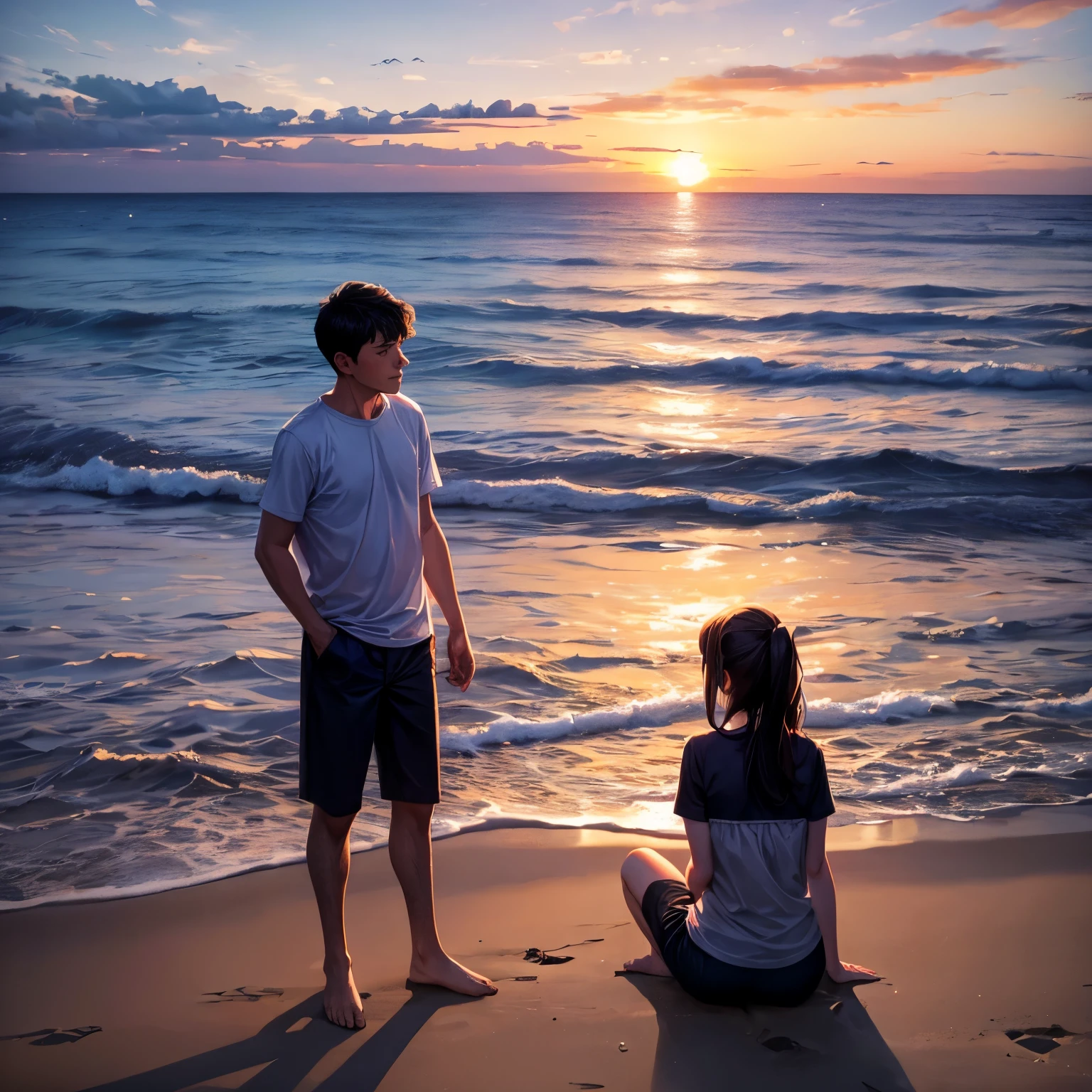 A guy standing in the beach looking at a girl that is sitting on the shore. sunset.