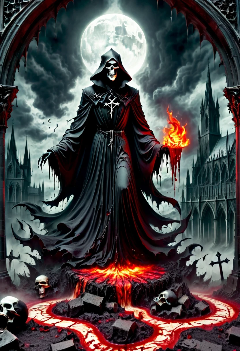 (Messenger from hell:1.4),cross,one个巨大的死神,looking from bottom to top,hell,magma,flame,(紫色flame:1.3),There is fresh Blood on the ground,Blood pool,dripping Blood,Gothic aesthetics,one、Rose、castle、cross、Blood、churchyard,gothic style的神秘、solemn and profound,gothic style,gothic style蕾丝的衣服、象征浪漫的Rose、grave、吸Blood鬼、witch、ruins、gothic cathedral,Gothic symbols series