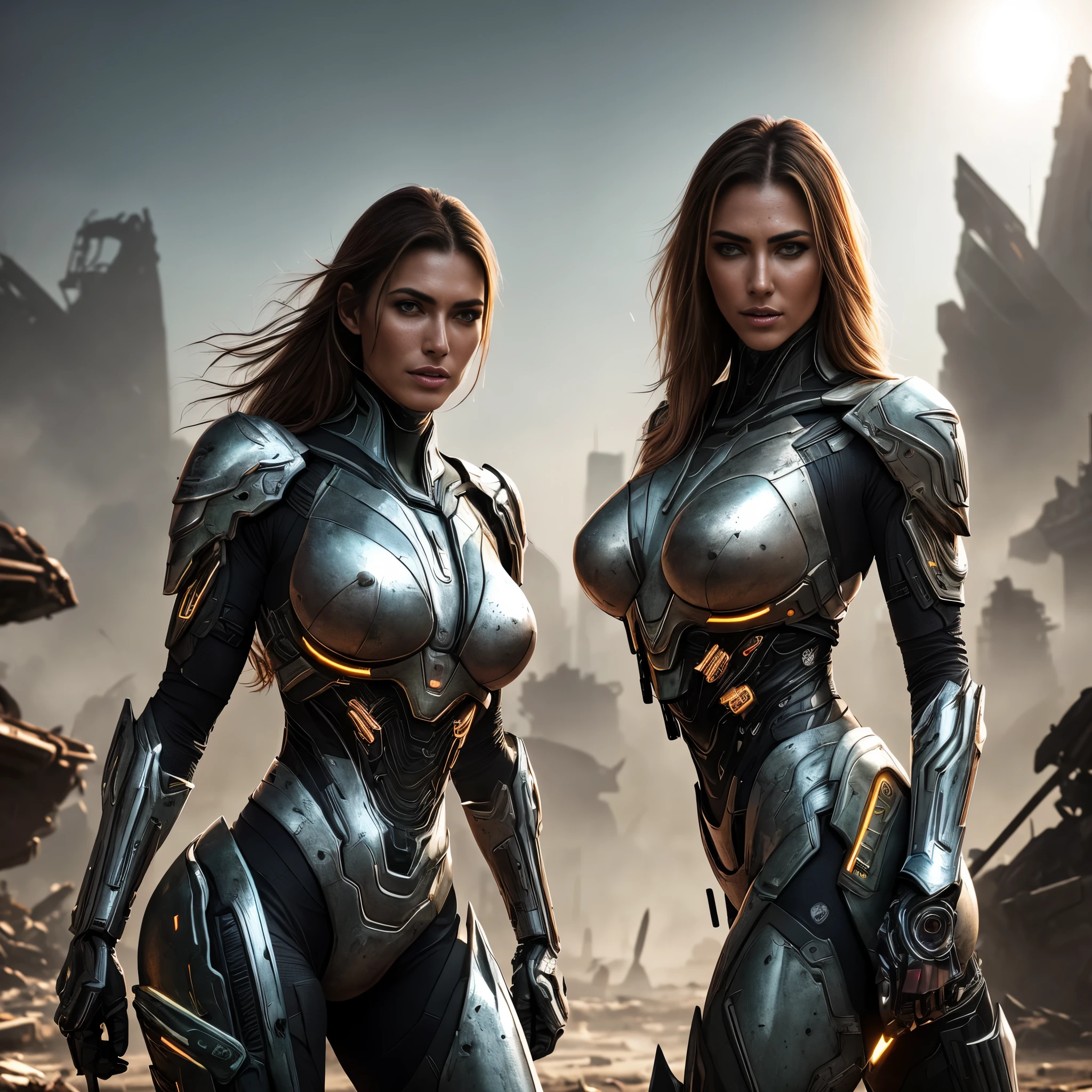 Medium shot of a sexy female cyborg wearing scratched and stained futuristic armor in a destroyed futuristic city, fantasia, sci-fi, lindo rosto feminino, sedutor, sexual, mist, vivid and seductive eyes, obra-prima da melhor qualidade, fotorrealista, detalhado, 8K, hdr, profundidade superficial de campo, luz ampla, alto contraste, backlight, florescer, brilhos de luz, Chromatic aberration, sharp focus, Foto colorida RAW