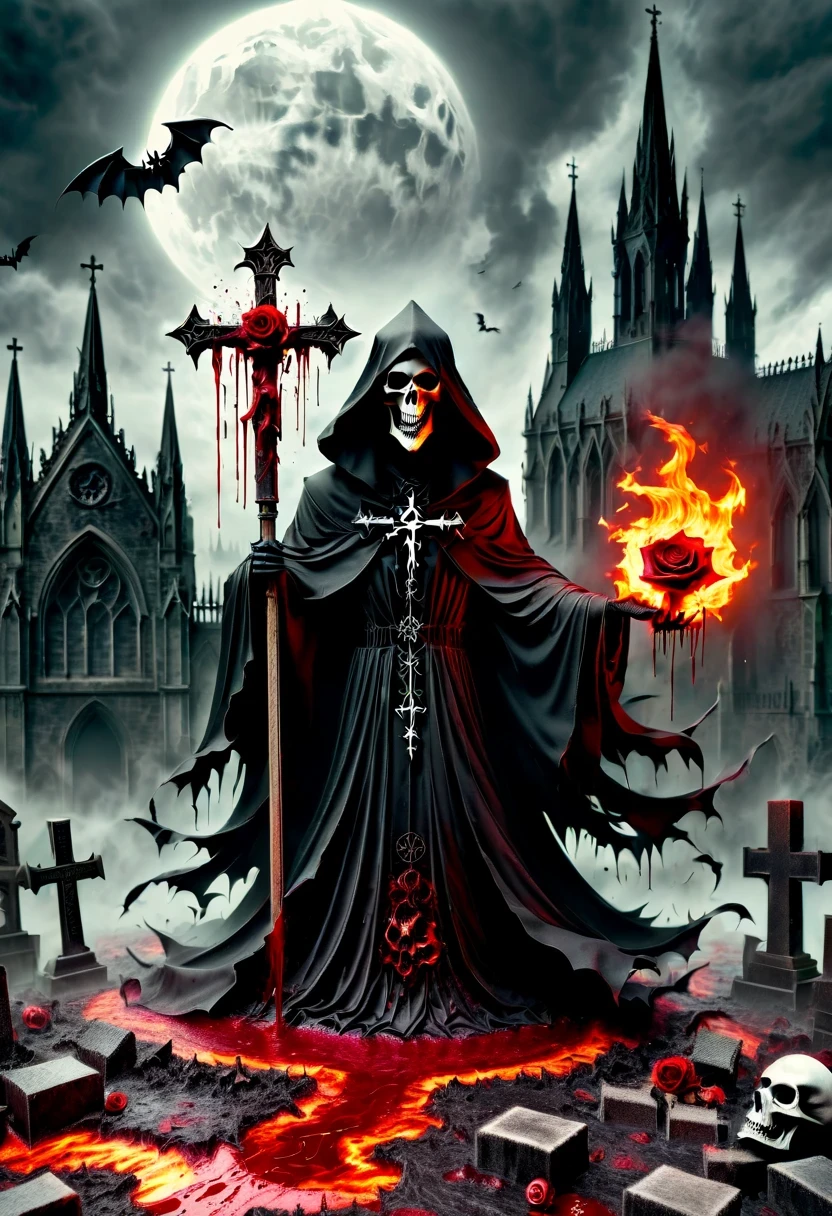 （Messenger from hell：1.4），cross，one个巨大的吸Blood鬼，looking from bottom to top，hell，magma，flame，（紫色flame：1.3），There is fresh Blood on the ground，Blood pool，dripping Blood，Gothic aesthetics，one、Rose、castle、cross、Blood、churchyard，gothic style的神秘、solemn and profound，gothic style，gothic style蕾丝的衣服、象征浪漫的Rose、grave、吸Blood鬼、witch、ruins、gothic cathedral，Gothic symbols series