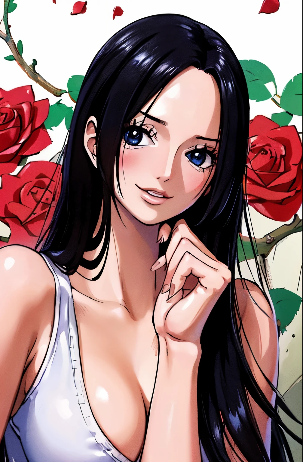 best quality, masterpiece, highly detailed,1girl,  ((rose)), (vine), cage, bandage, red rope, (detail light), falling rose petals, Boa Hancock, (nsfw:1.3), (masterpiece:1.5), Detailed Photo, Smiling, Sexy, (8K, Best Quality: 1.4), (1girl), Beautiful Face, (anime realistic Face), (Black Hair, long Hair: 1.3), Beautiful Hairstyle, Realistic eyes, beautiful detail eyes, (white skin), beautiful skin, absurd, attractive, ultra high resolution, ultra realistic, high definition, golden ratio, (sexually aroused:1.5), Pinkish white skin, cool white light, sexy pose, Beautiful , white background, pink soft white light, Wear a white tank top