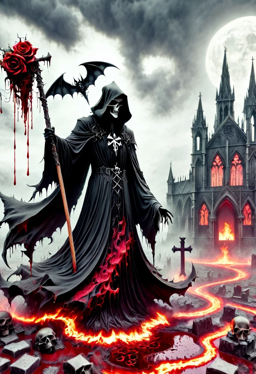 (Messenger from hell:1.4),cross,one个巨大的死神,looking from bottom to top,hell,magma,flame,(紫色flame:1.3),There is fresh Blood on the ground,Blood pool,dripping Blood,Gothic aesthetics,one、Rose、castle、cross、Blood、churchyard,gothic style的神秘、solemn and profound,gothic style,gothic style蕾丝的衣服、象征浪漫的Rose、grave、吸Blood鬼、witch、ruins、gothic cathedral,Gothic symbols series