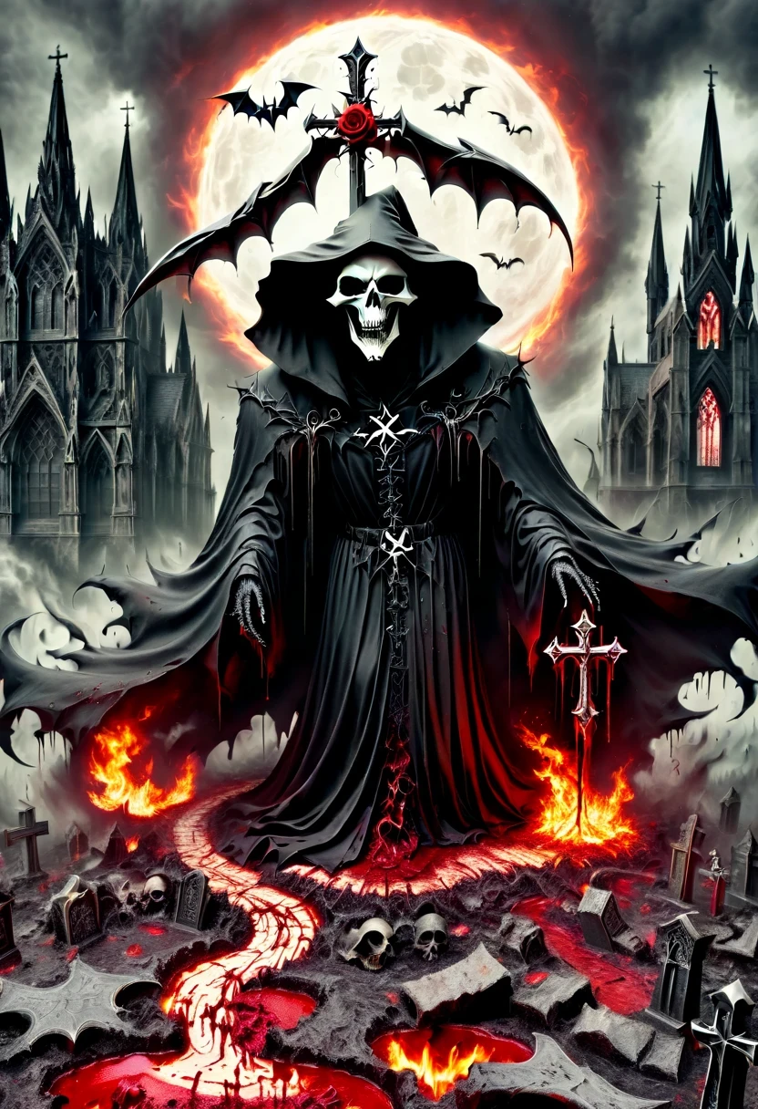 (Messenger from hell:1.4),cross,one个巨大的死神,looking from bottom to top,hell,magma,flame,(紫色flame:1.3),There is fresh Blood on the ground,Blood pool,dripping Blood,Gothic aesthetics,one、Rose、castle、cross、Blood、churchyard,gothic style的神秘、solemn and profound,gothic style,gothic style蕾丝的衣服、象征浪漫的Rose、grave、吸Blood鬼、witch、ruins、gothic cathedral,Gothic symbols series