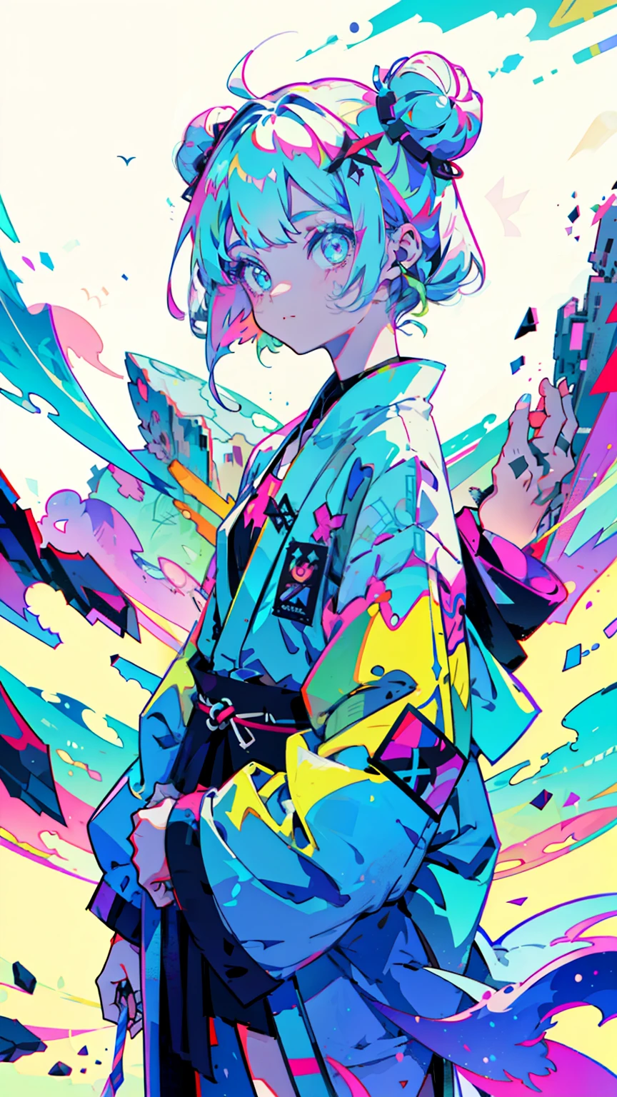 anime girl, wild spirit, neon pastel colors, double buns, long robe, pagan dress, scars, stickers, nymph, cool, beautiful, dancer, pretty, Celtic, maniac, facing the camera