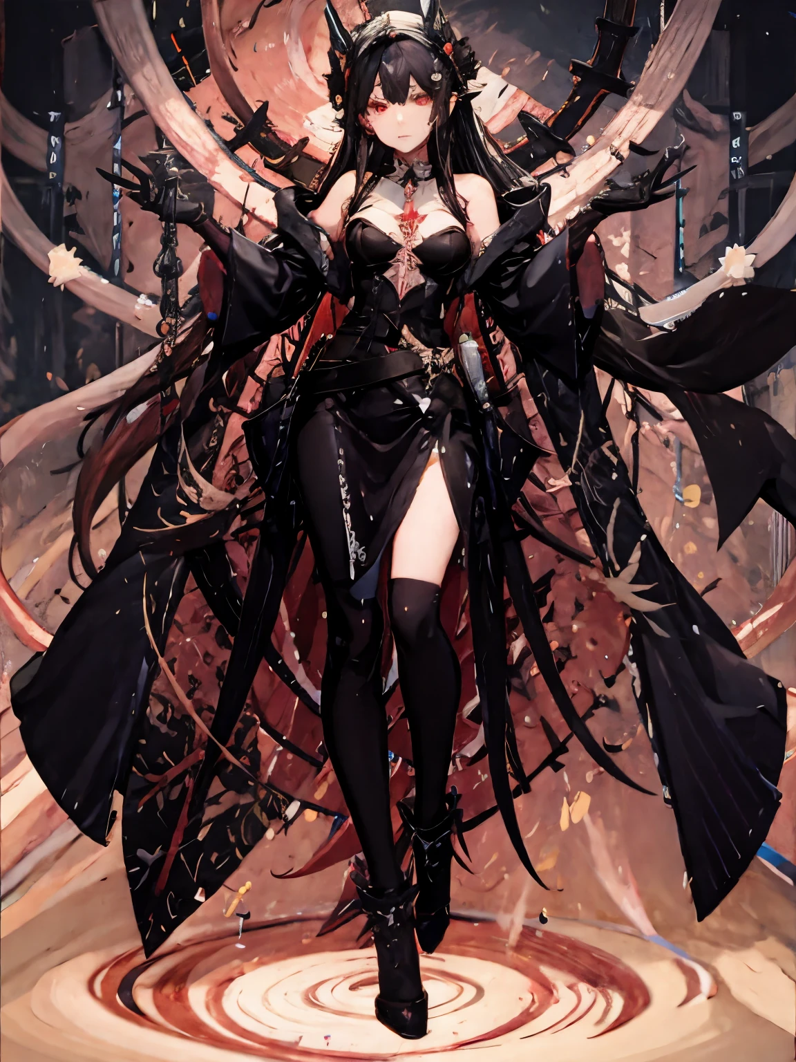 masterpiece, best quality, BEAUTIFUL WOMAN perfect and detailed, Adult woman, Angewomon, gradient hair, long hair, Lust, orange hair, black hair, gold eye big eyes:1.5), hair between eyes, red clay, clay power, (full_body:1.5), teeth, 8k, absurdres, (transparent Beautiful clothing with a wide open chest:1.7), high res, (orange Beautiful outfit:1.7), add Beautiful deferent clothing, Wearing a black magic robe, walking, full body view, pointing at viewer