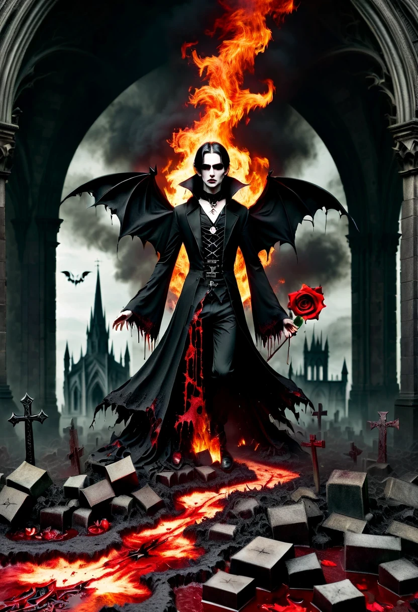(Messenger from hell:1.4),cross,one个巨大的吸Blood鬼,looking from bottom to top,hell,magma,flame,(紫色flame:1.3),There is fresh Blood on the ground,Blood pool,dripping Blood,Gothic aesthetics,one、Rose、castle、cross、Blood、churchyard,gothic style的神秘、solemn and profound,gothic style,gothic style蕾丝的衣服、象征浪漫的Rose、grave、吸Blood鬼、witch、ruins、gothic cathedral,Gothic symbols series