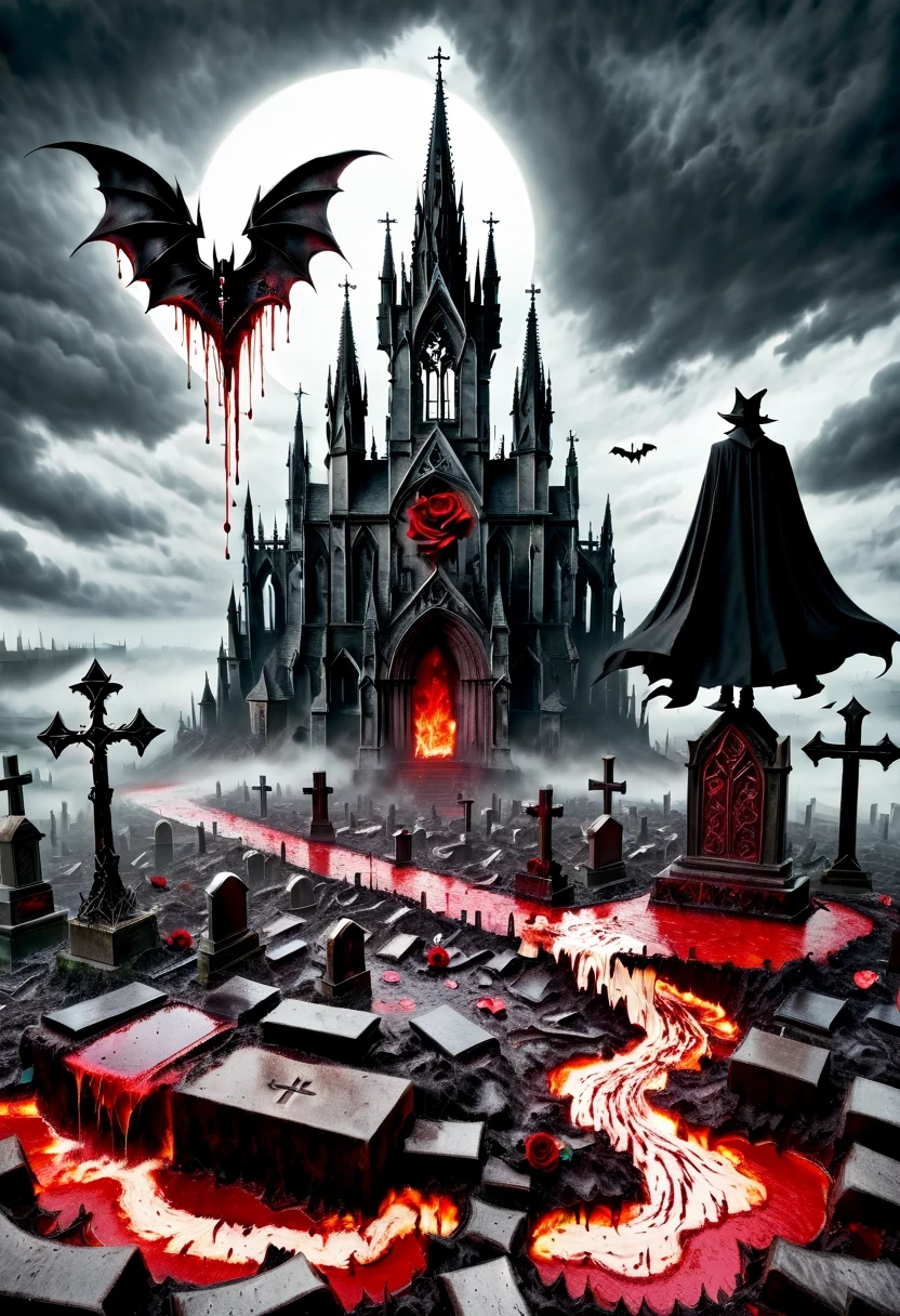 (Messenger from hell:1.4),cross,one个巨大的吸Blood鬼,looking from bottom to top,hell,magma,flame,(紫色flame:1.3),There is fresh Blood on the ground,Blood pool,dripping Blood,Gothic aesthetics,one、Rose、castle、cross、Blood、churchyard,gothic style的神秘、solemn and profound,gothic style,gothic style蕾丝的衣服、象征浪漫的Rose、grave、吸Blood鬼、witch、ruins、gothic cathedral,Gothic symbols series
